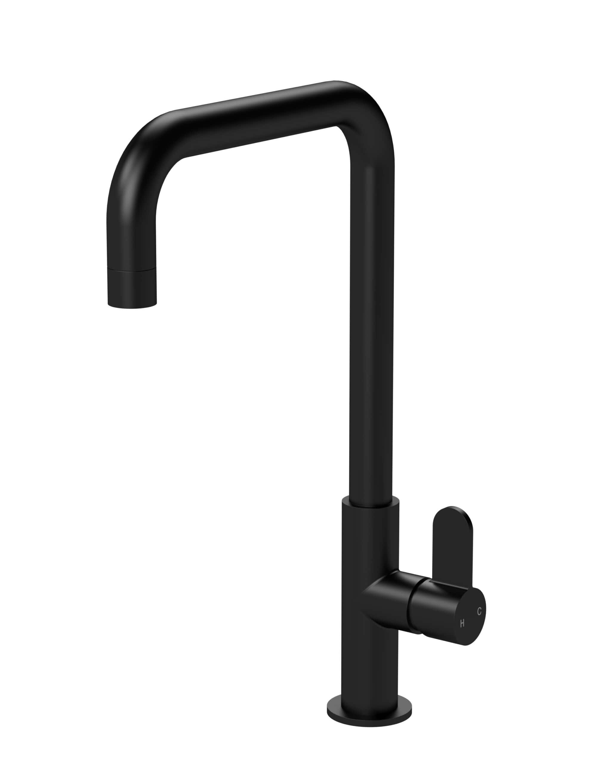 Sleek black kitchen tap with high arc spout, modern design, and single lever control, ideal for contemporary bathrooms and kitchens.