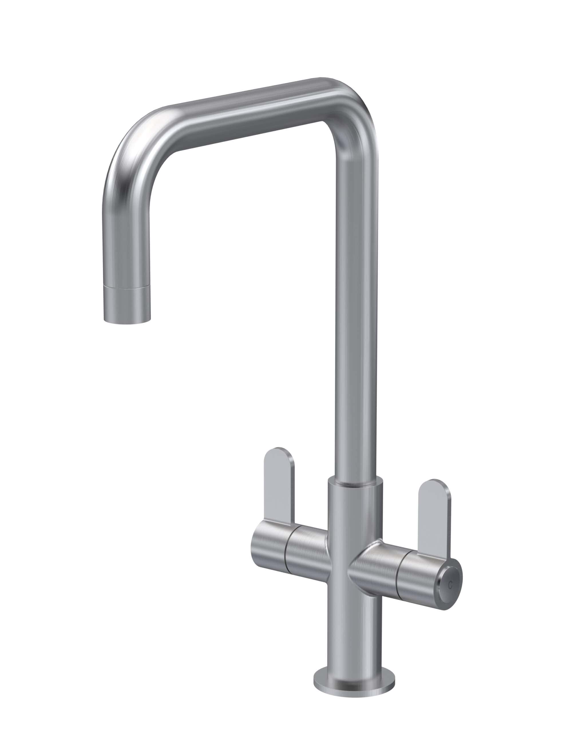 Shiny stainless steel kitchen tap with dual lever handles and modern design.