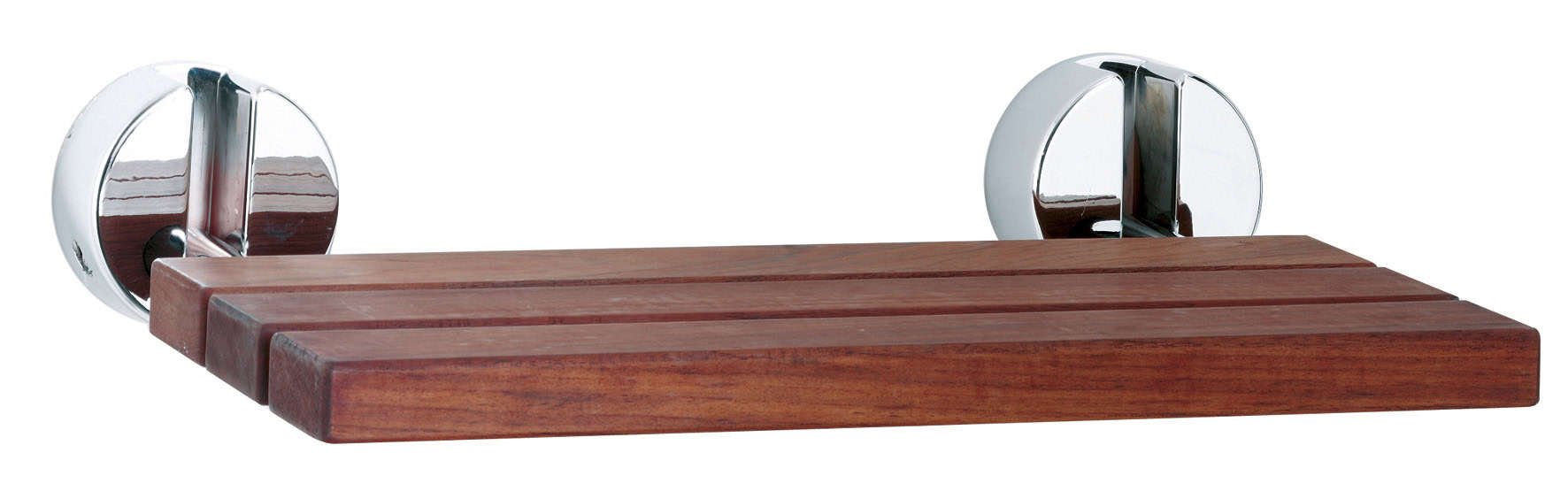 Polished chrome wall brackets with wooden shelf for modern bathroom storage.