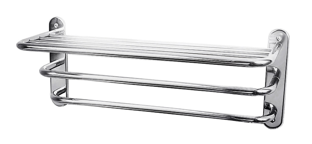 Stainless steel bathroom soap and towel holder, modern shower shelf organiser for toiletries and towels, durable and rust-resistant bathroom storage solution.