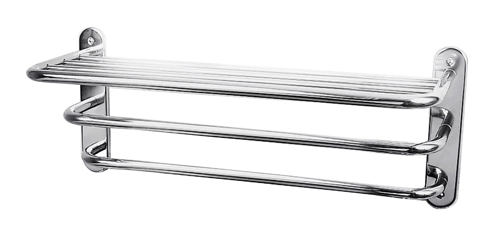Stainless steel bathroom soap and towel holder, modern shower shelf organiser for toiletries and towels, durable and rust-resistant bathroom storage solution.