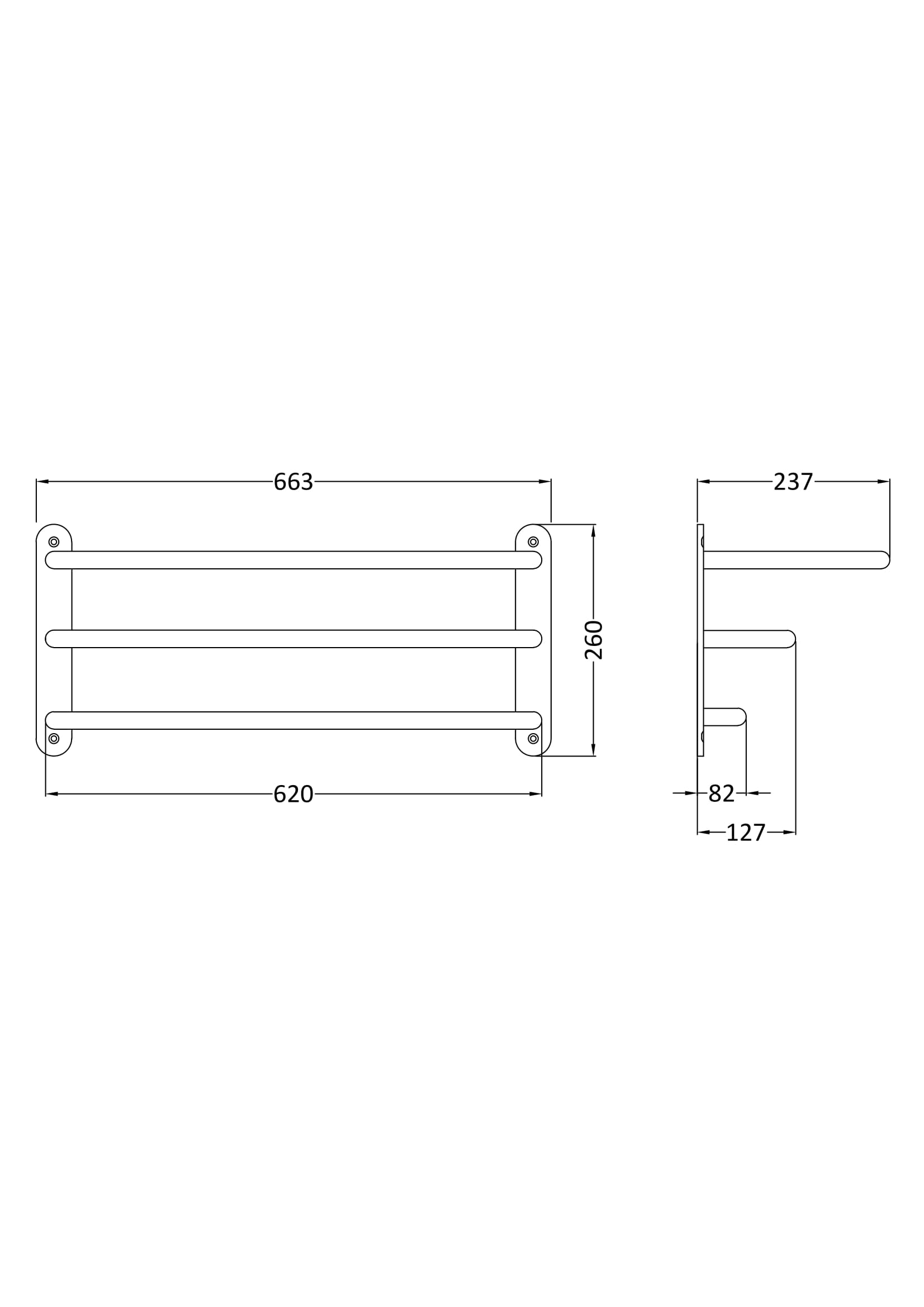 Modern heated towel rail design for bathrooms with precise dimensions for installation. Perfect for contemporary bathroom spaces, combining style and functionality.