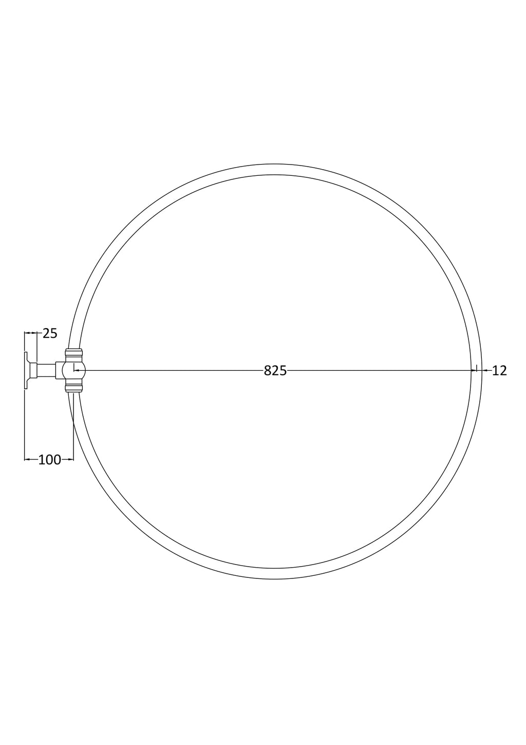 A technical drawing of a circular bathroom mirror with detailed dimensions and mounting specifications for Bubly Bathrooms.