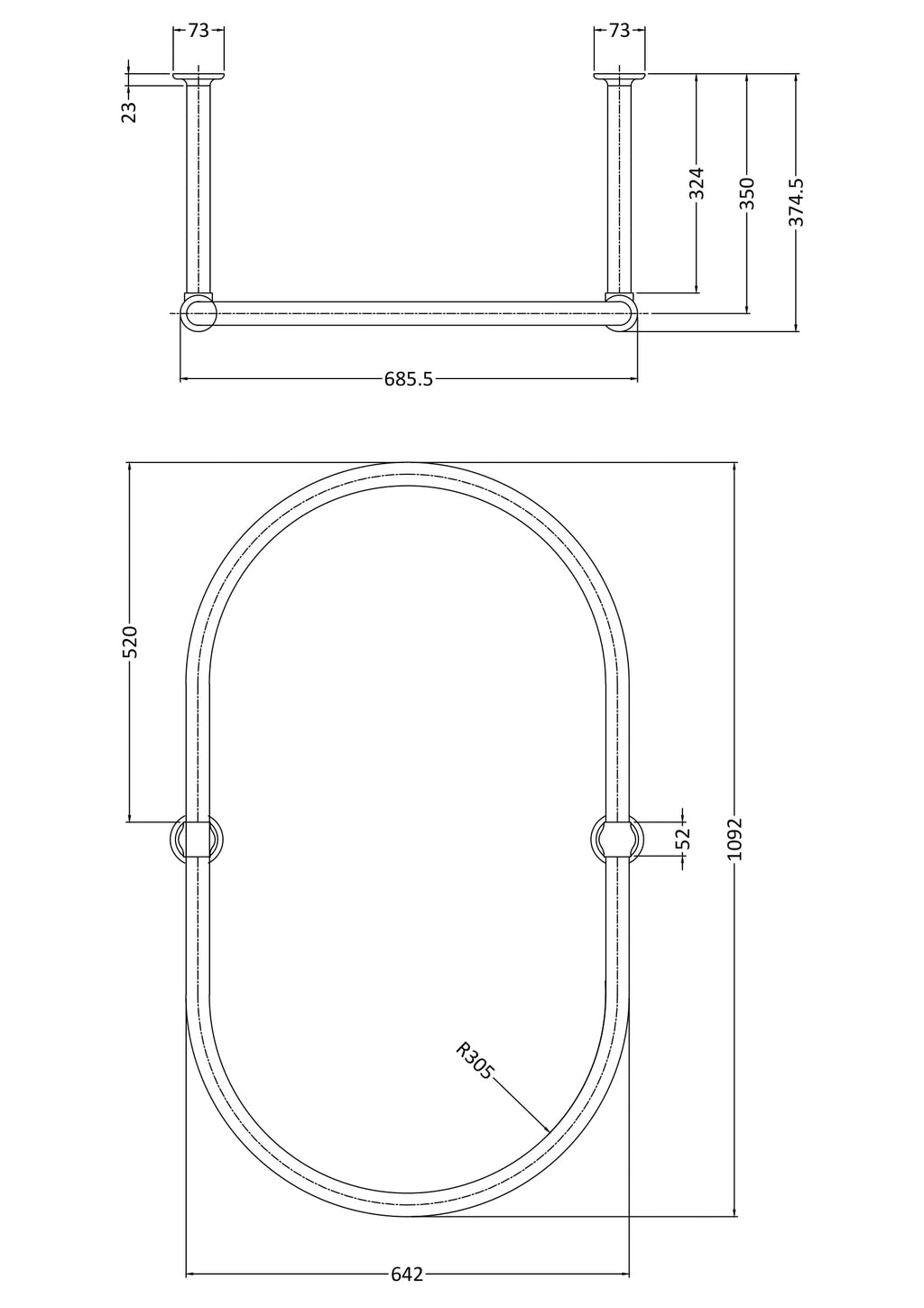 Flexible bathroom grab bar with detailed technical dimensions for safety and accessibility in shower or bath areas. Designed for secure installation, enhancing bathroom safety and support.