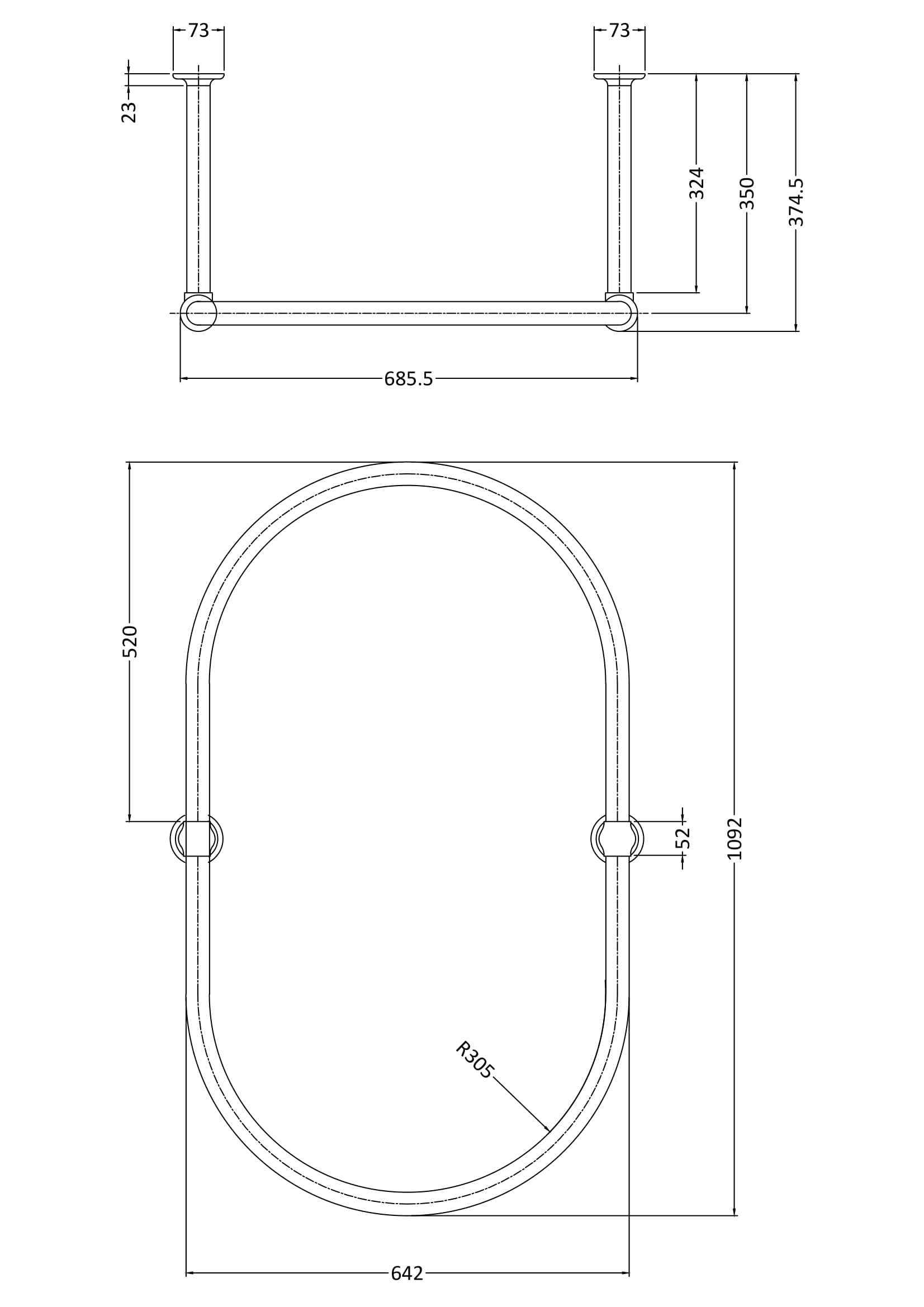 Flexible bathroom grab bar with detailed technical dimensions for safety and accessibility in shower or bath areas. Designed for secure installation, enhancing bathroom safety and support.