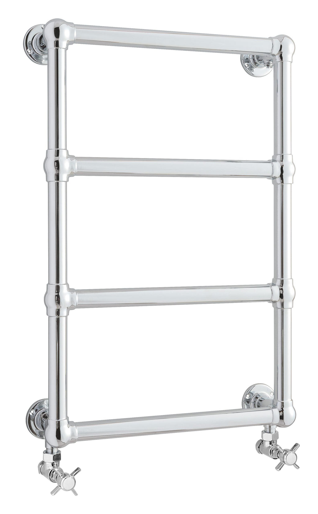 Polished chrome bathroom towel rail with a traditional design, ideal for heating towels and adding vintage charm to your bathroom decor.