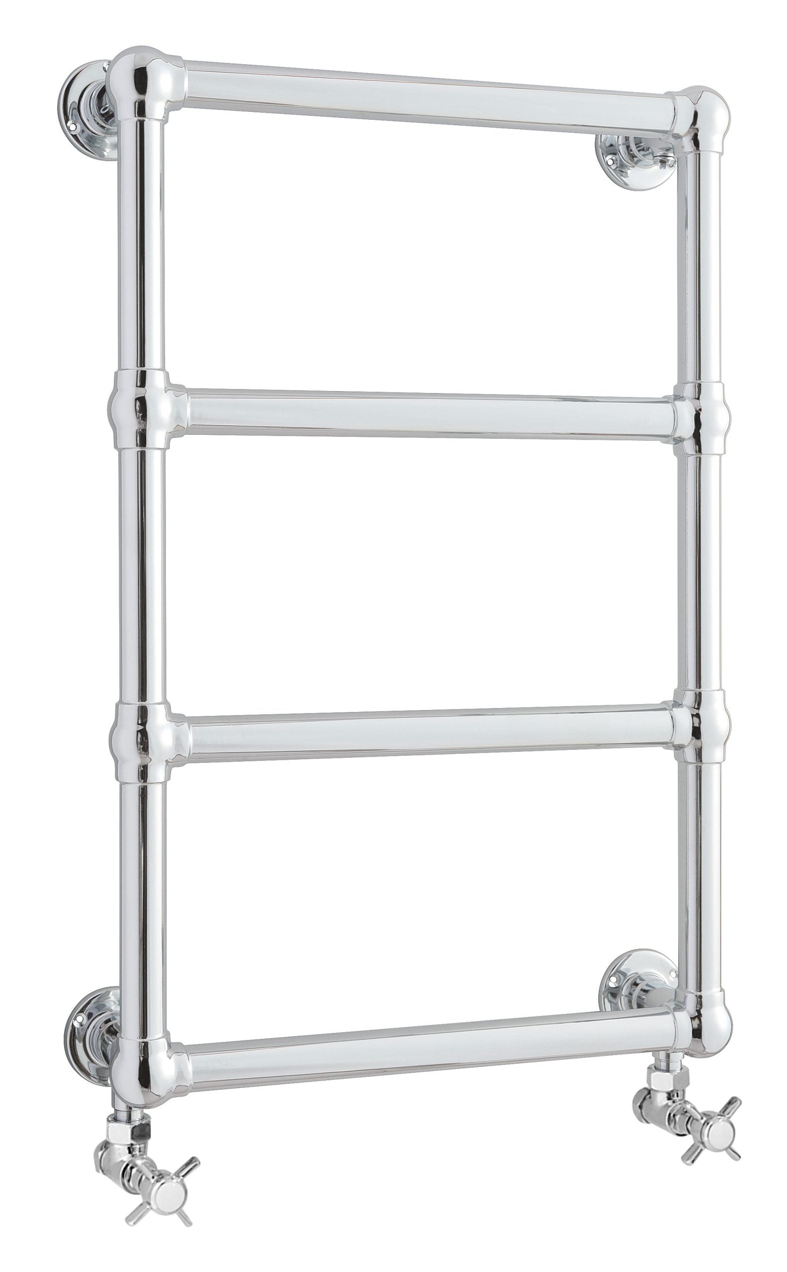 Polished chrome bathroom towel rail with a traditional design, ideal for heating towels and adding vintage charm to your bathroom decor.
