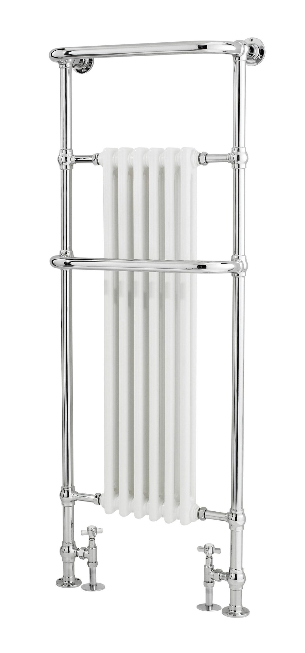 Polished chrome towel radiator with white central heating fins, ideal for modern bathroom heating solutions.