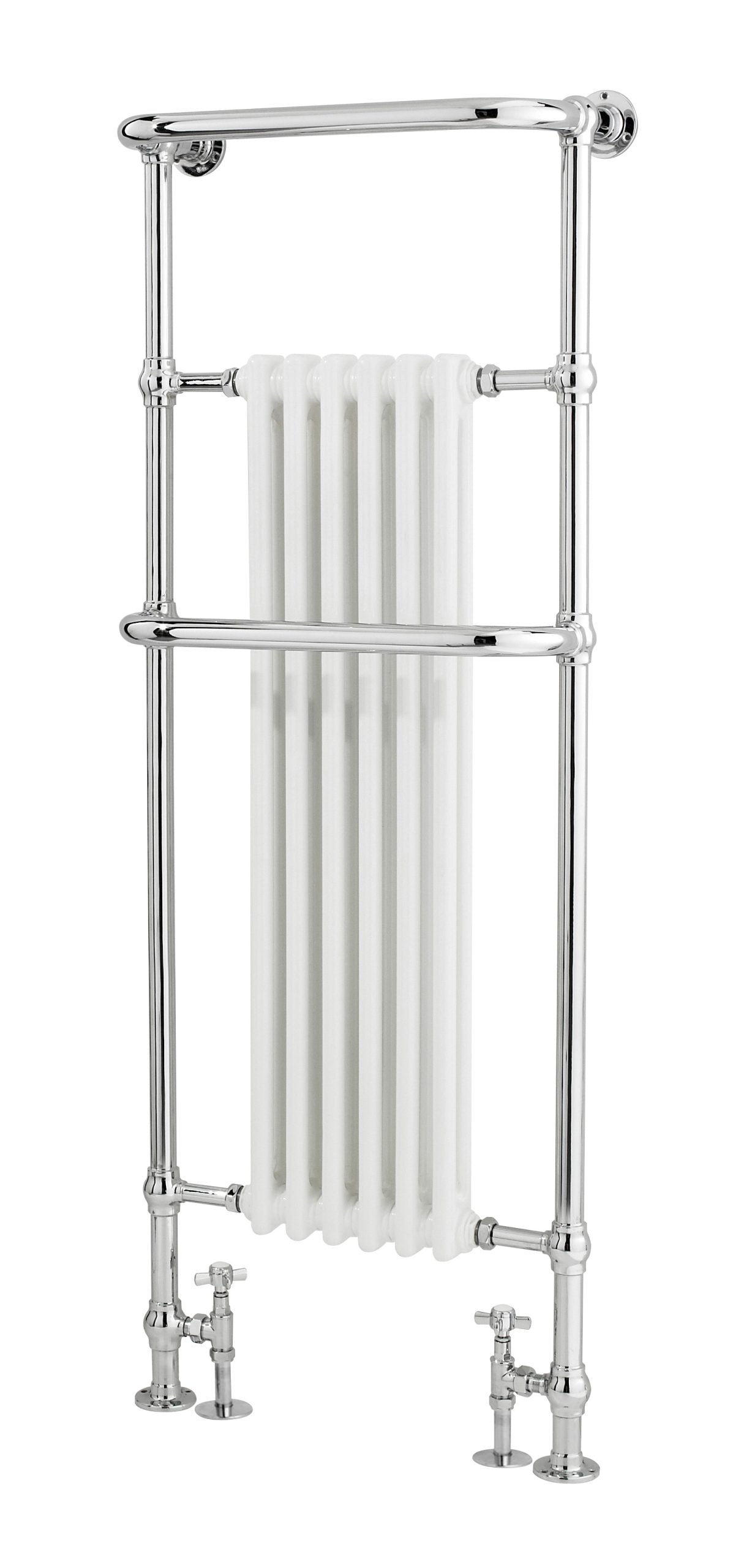 Polished chrome towel radiator with white central heating fins, ideal for modern bathroom heating solutions.