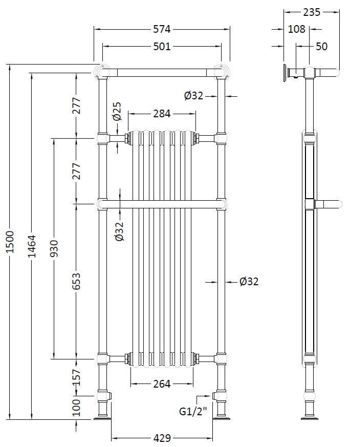 Radiator towel rail plumbing diagram for bathroom heating installation in modern bathrooms with technical specifications, measurements and design details, focus on bathroom radiator accessories and plumbing fixtures.