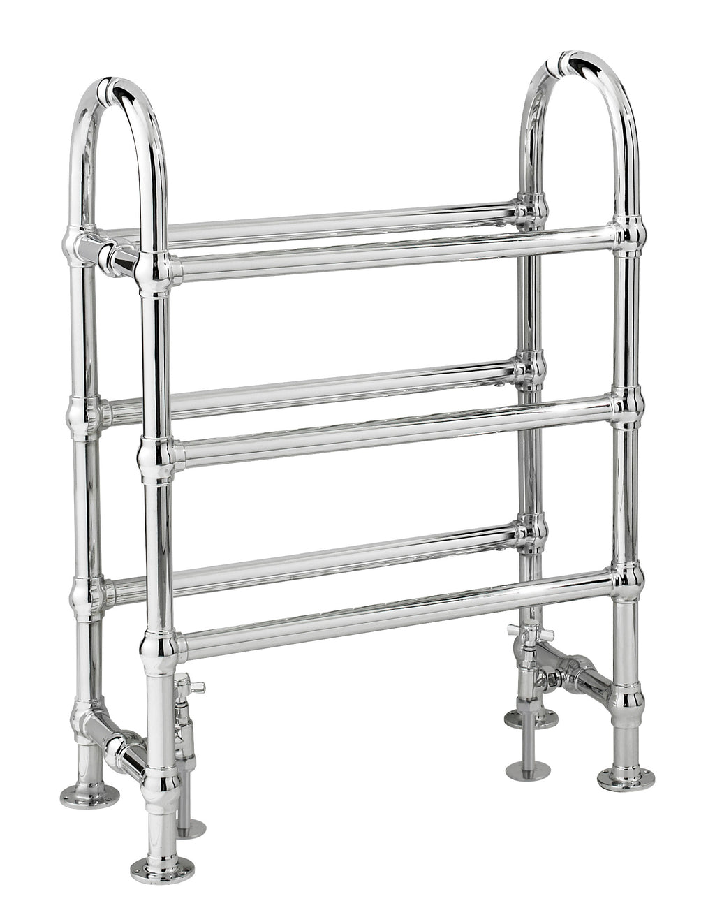 Polished chrome bathroom radiator shelf rack for towel storage and heat distribution, modern bathroom accessories, durable and stylish design, ideal for bathroom decor.