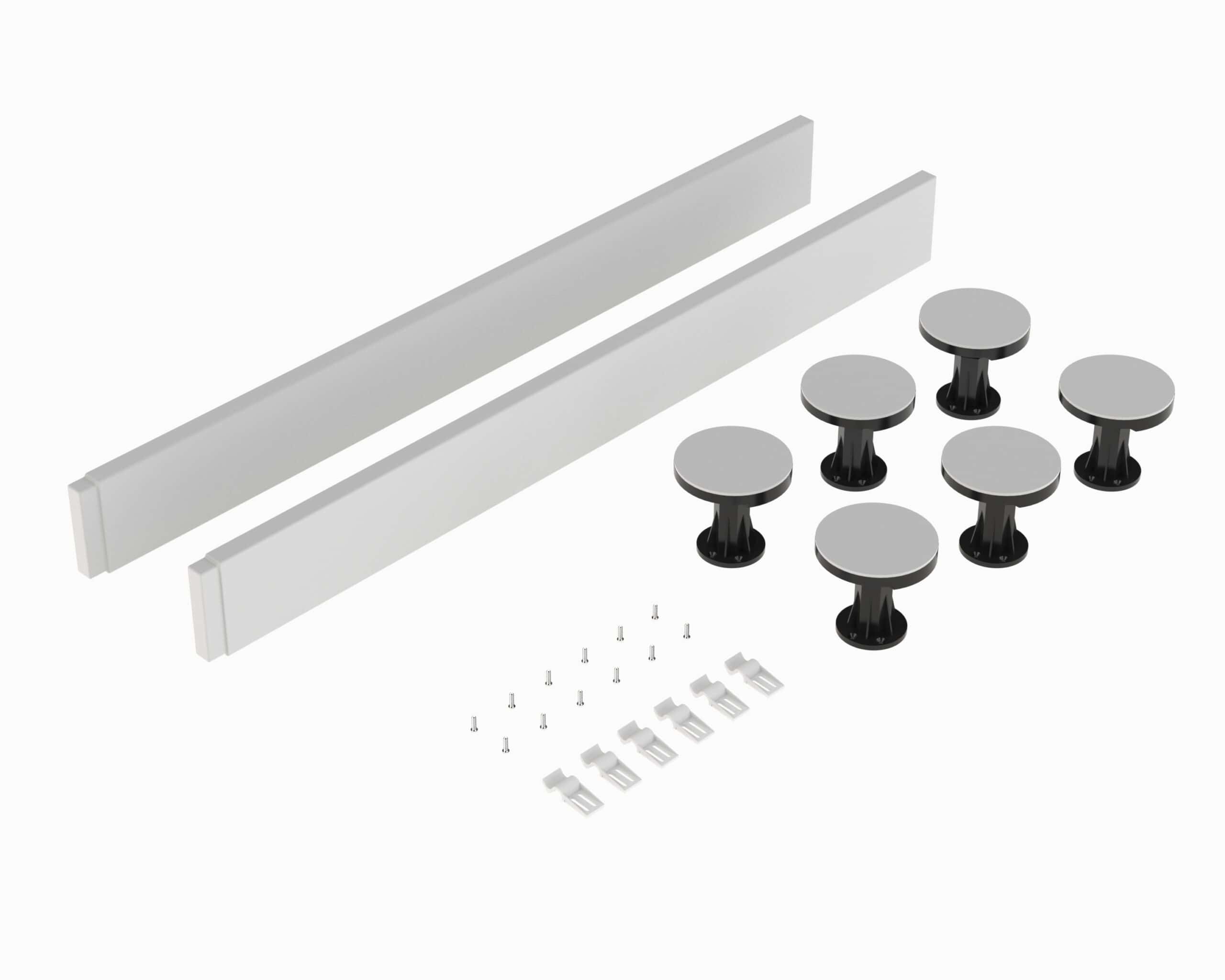 Innovative bathroom shelving and accessories kit with adjustable wall strips, round mounting pads, screws, and clips for modern bathroom organisation.