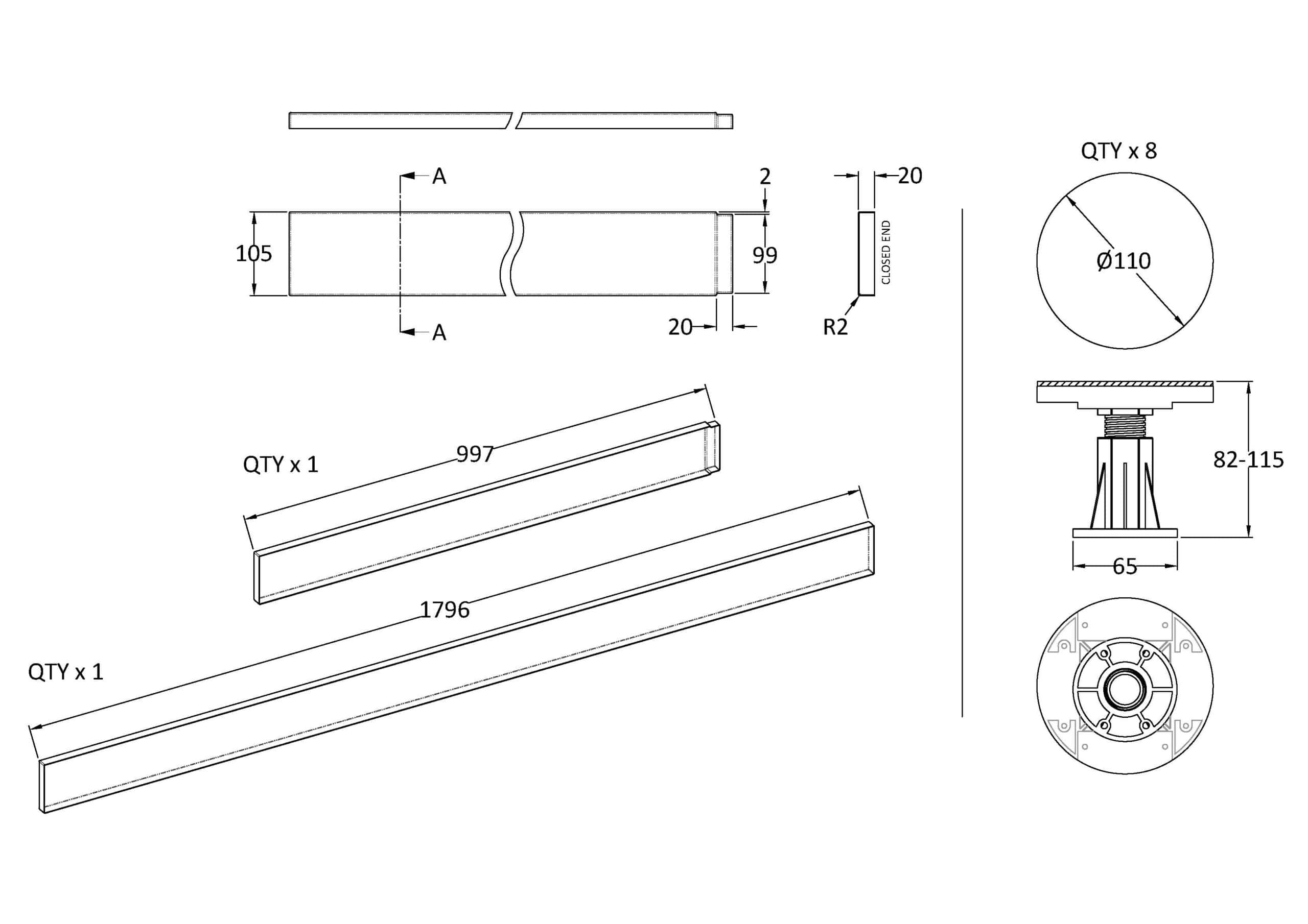 High-quality bathroom drawer handles with detailed technical specifications for Bubly Bathrooms. Durable, modern design perfect for custom bathroom cabinetry.