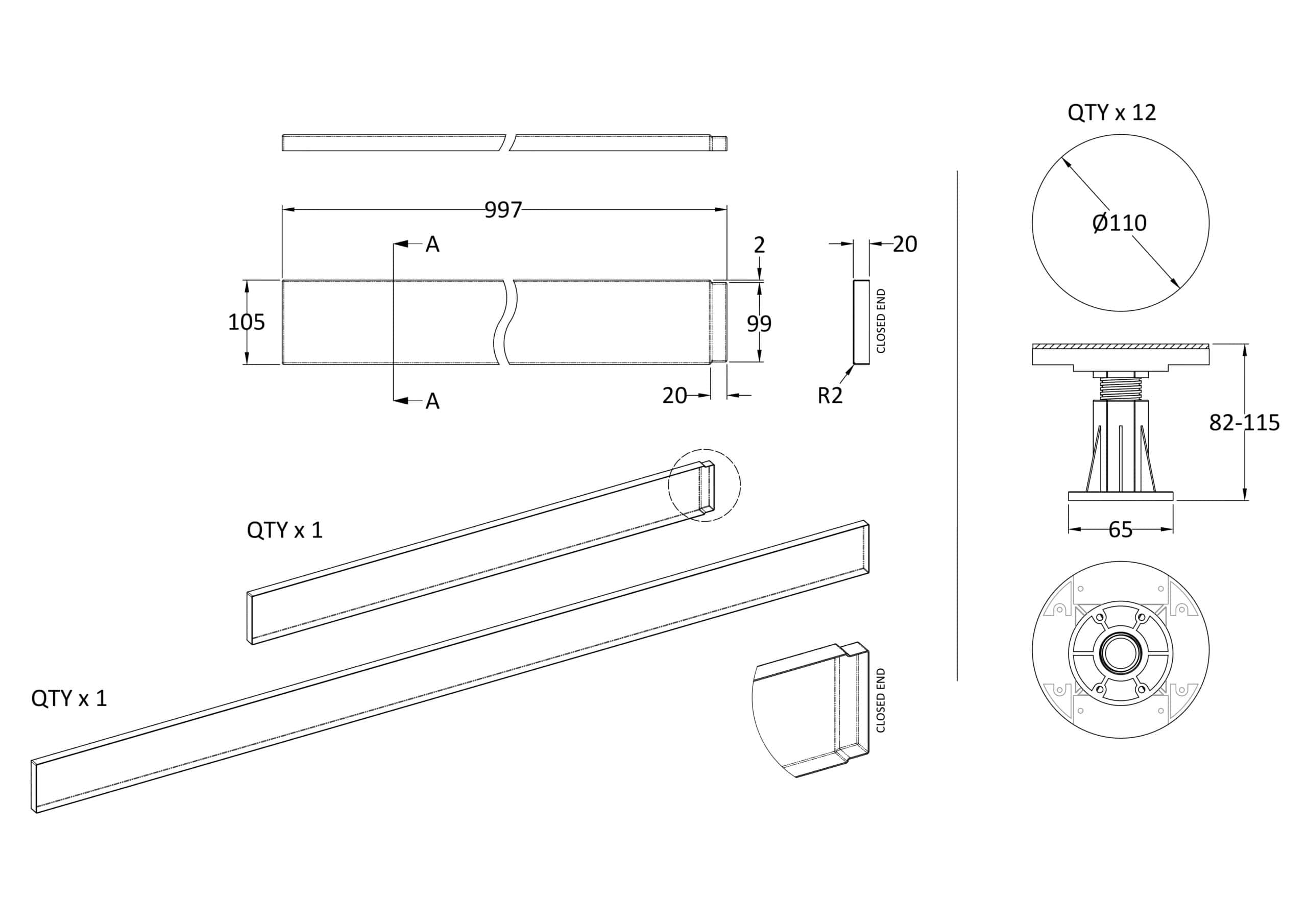 High-quality bathroom hardware technical drawing for Bubly Bathrooms, showcasing detailed dimensions of handles and fixtures for modern bathroom design and remodels.