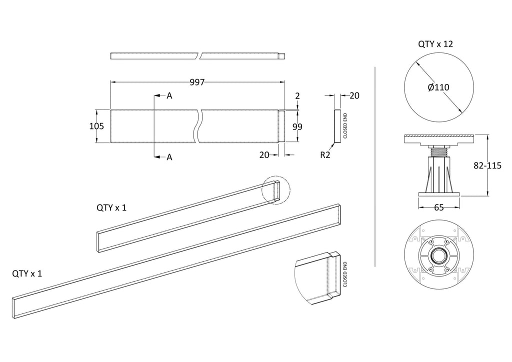 High-quality bathroom hardware technical drawing for Bubly Bathrooms, showcasing detailed dimensions of handles and fixtures for modern bathroom design and remodels.
