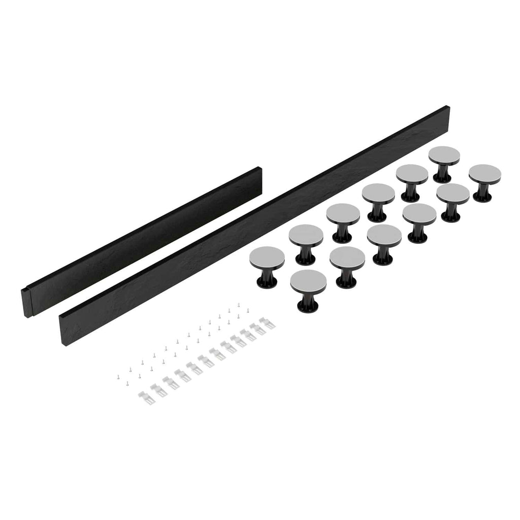 Flexible black bathroom sealant strip with mounting hardware for waterproof sealing, ideal for shower screens, baths, and tiles in modern bathroom renovations.
