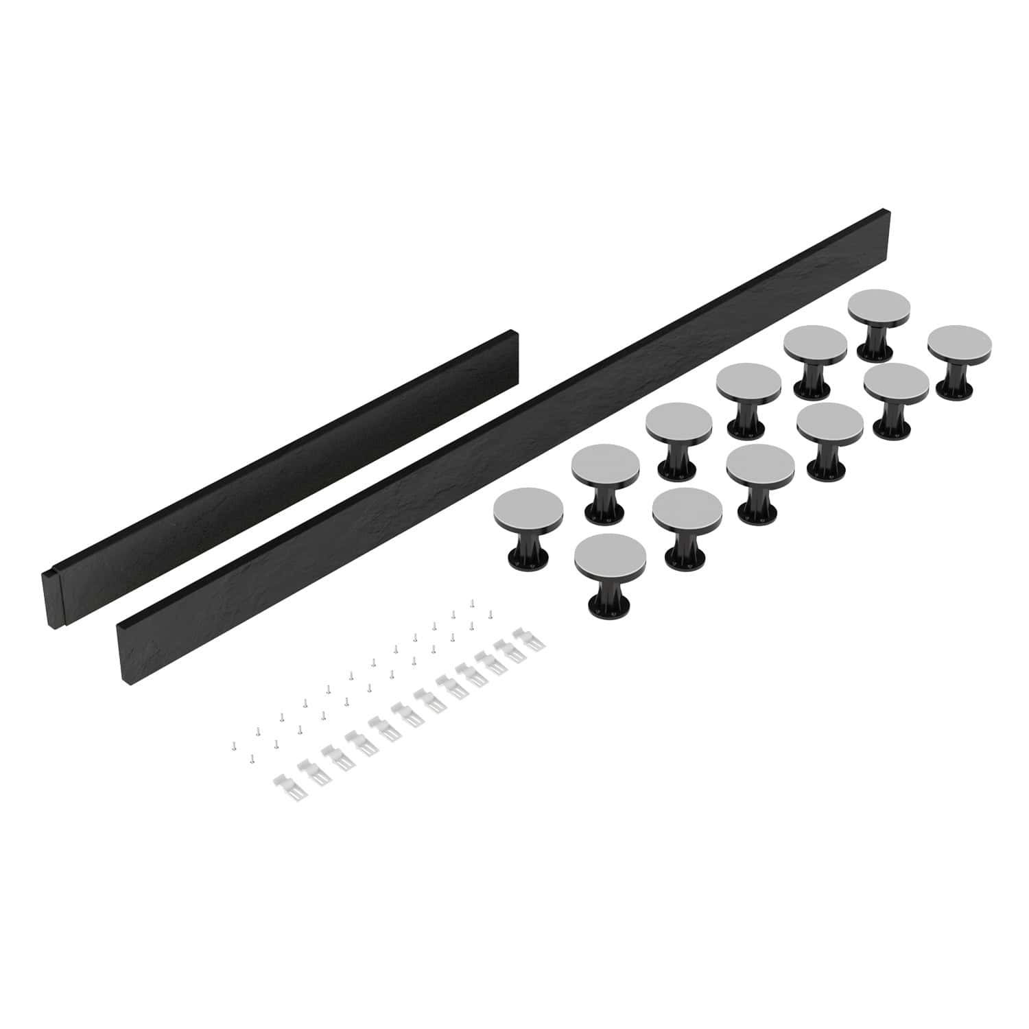Flexible black bathroom sealant strip with mounting hardware for waterproof sealing, ideal for shower screens, baths, and tiles in modern bathroom renovations.