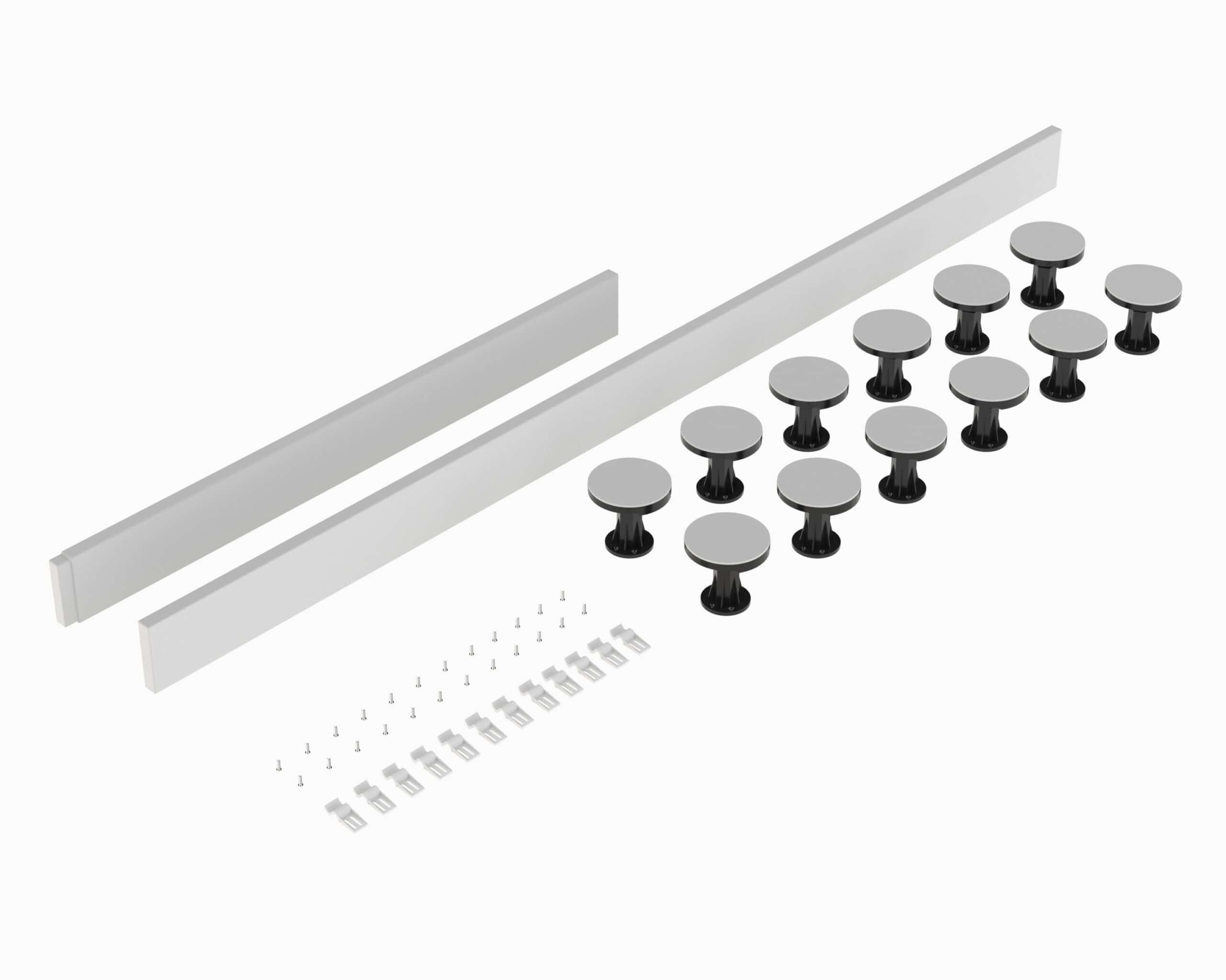 High-quality adjustable bathroom shower panel and mounting kit, includes fixing screws, wall brackets, and suction cups for easy installation and a sleek modern look.