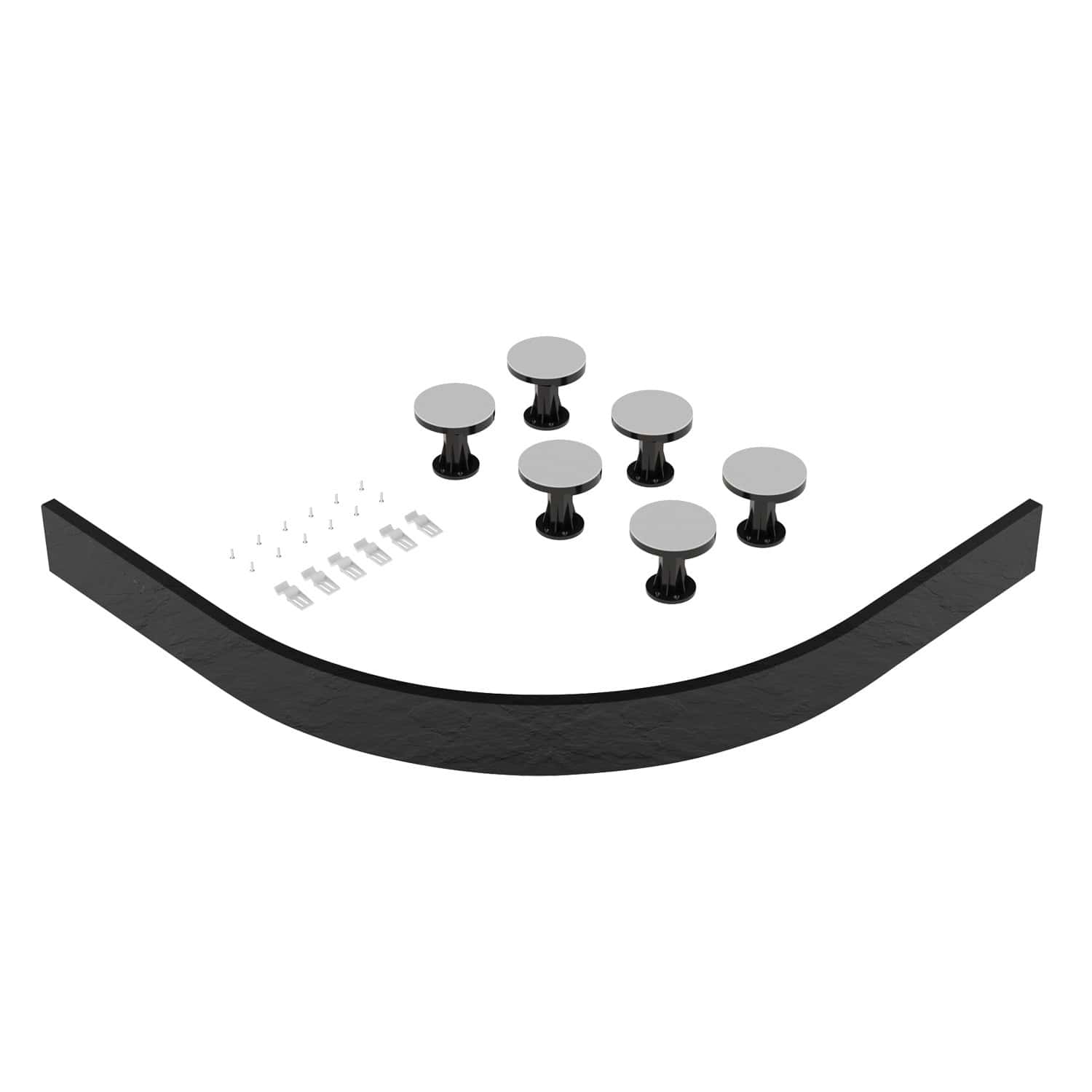6 matching round corner bathroom table with black base and grey top with mounting hardware.