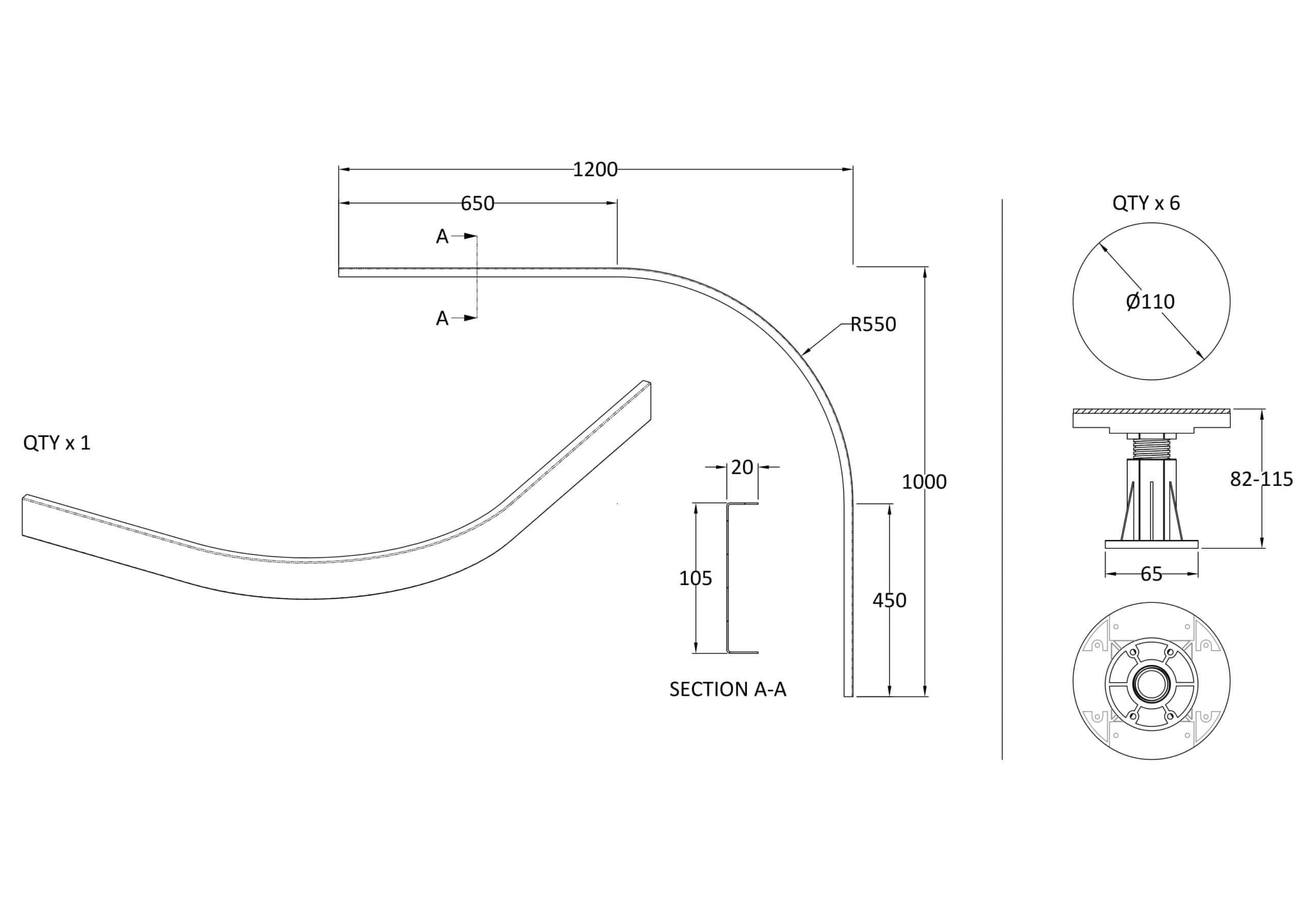 LED bathroom tap spout technical drawing with dimensions for Bubly Bathrooms, featuring a sleek, modern design and precise measurements for quality bathroom fixtures.