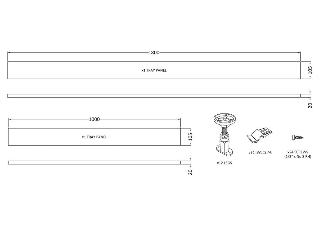 Aluminium bathroom storage panels and installation hardware for Bubly Bathrooms, featuring tray panels, leg supports, clips, and screws for custom bathroom furniture.