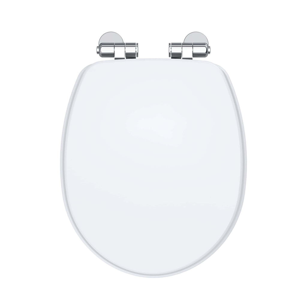 Toilet seat and lid with chrome hinges, modern bathroom fixture for comfort and hygiene.