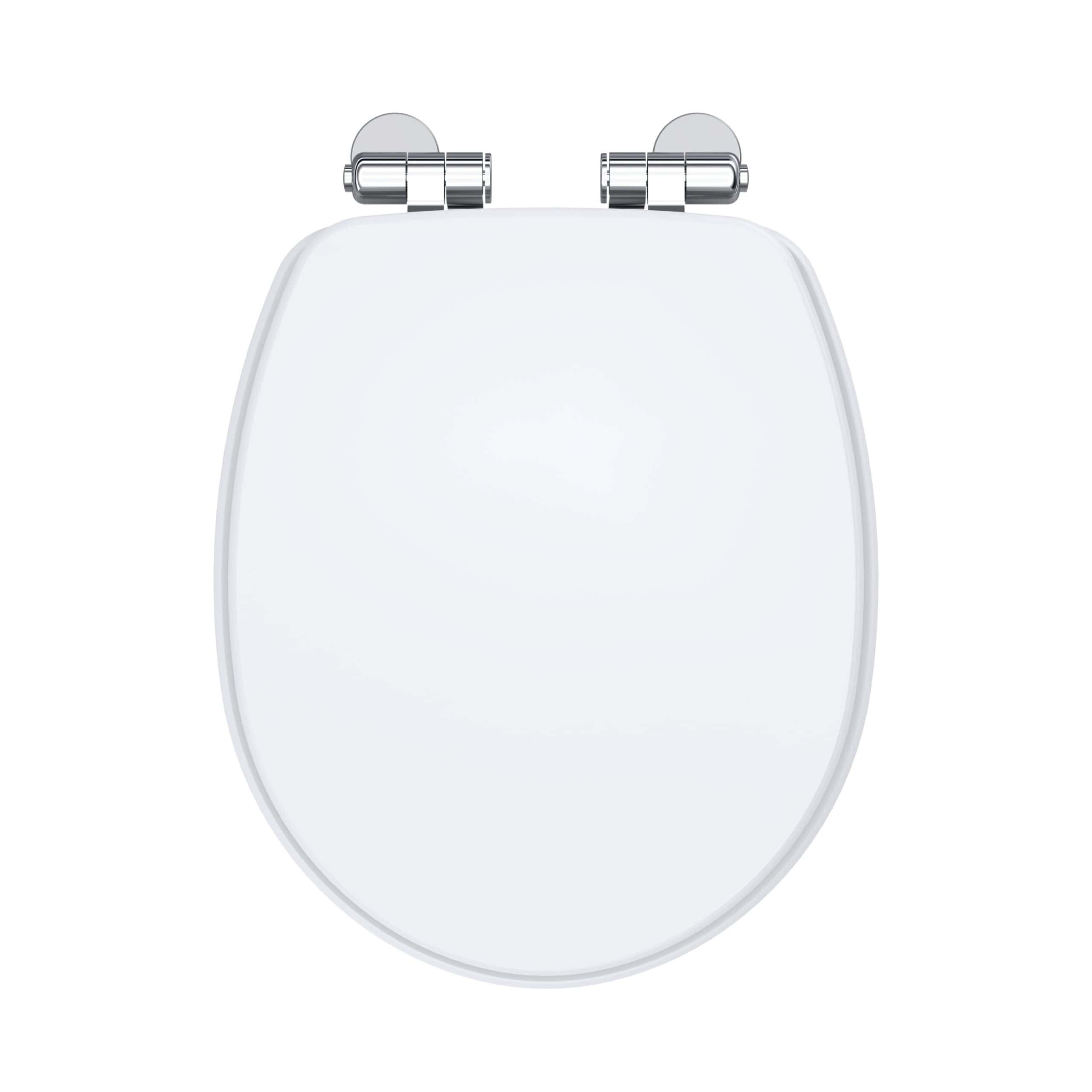 Toilet seat and lid with chrome hinges, modern bathroom fixture for comfort and hygiene.