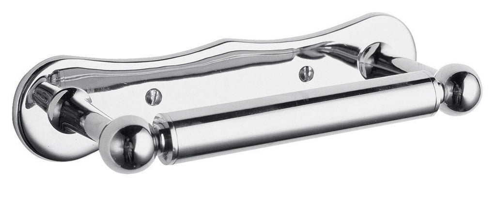 Polished chrome toilet paper holder with elegant design, ideal for modern bathroom decor, provides convenient tissue storage, durable metal construction, and easy wall mounting.