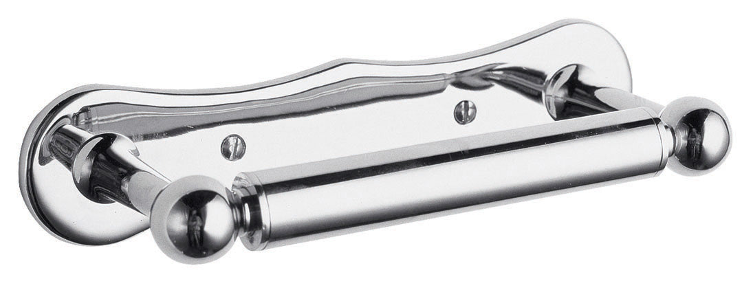 Polished chrome toilet paper holder with elegant design, ideal for modern bathroom decor, provides convenient tissue storage, durable metal construction, and easy wall mounting.