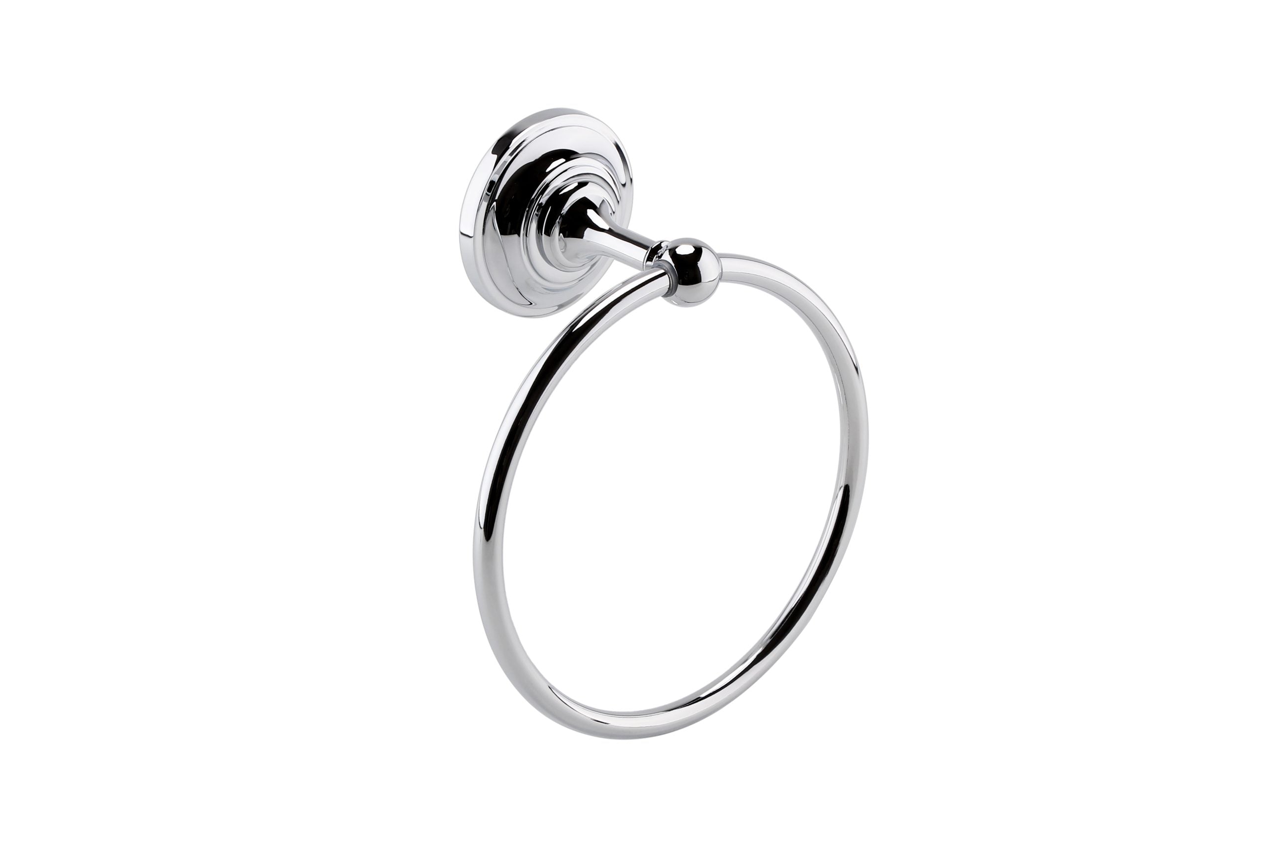 Shiny chrome bathroom towel ring mounted on wall, elegant modern bathroom accessories for towel organisation.