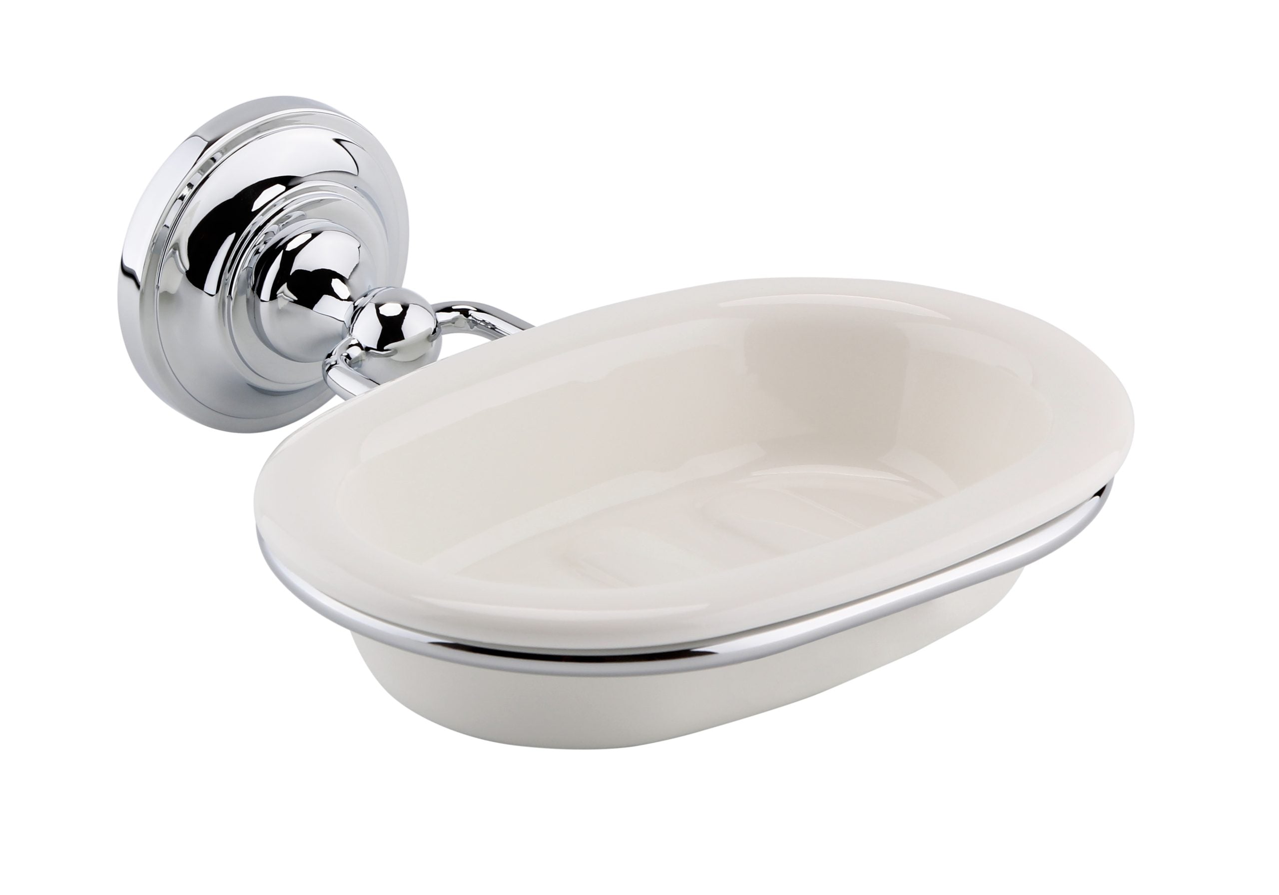 Elegant ceramic soap dish with chrome wall mount, perfect for modern bathrooms.