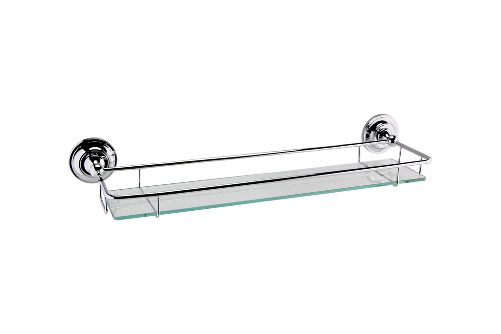 Shower shelf with chrome finish and glass tray, ideal for bathroom storage and organisation. Durable, stylish and easy to clean, perfect for holding toiletries and shower essentials.