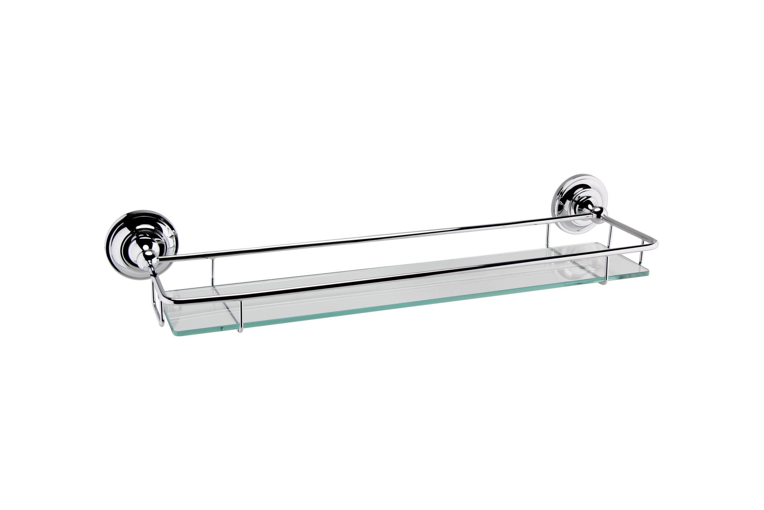 Shower shelf with chrome finish and glass tray, ideal for bathroom storage and organisation. Durable, stylish and easy to clean, perfect for holding toiletries and shower essentials.