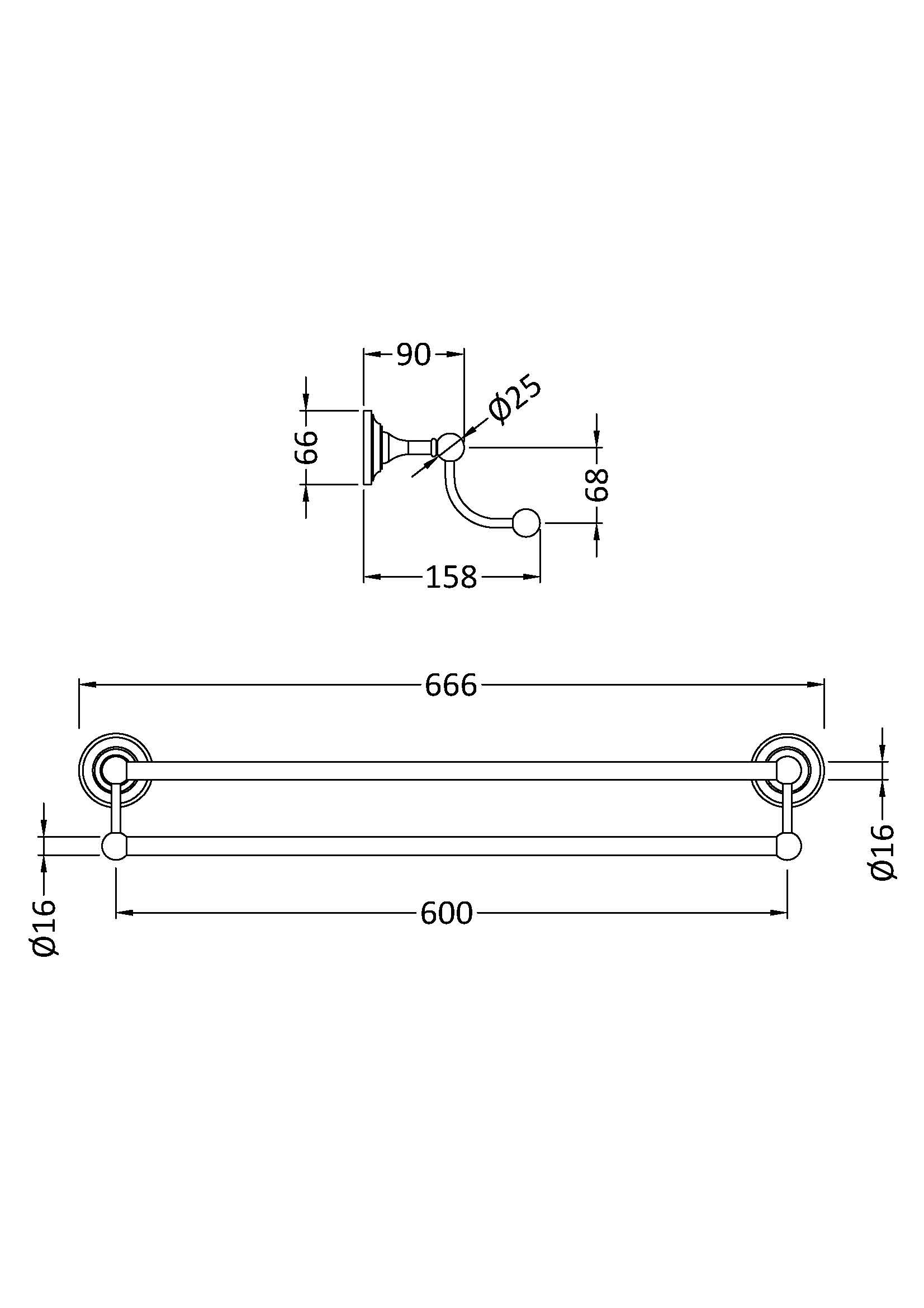 Brass bathroom grab rail with detailed technical drawing, including dimensions for safety and accessibility in bathrooms.