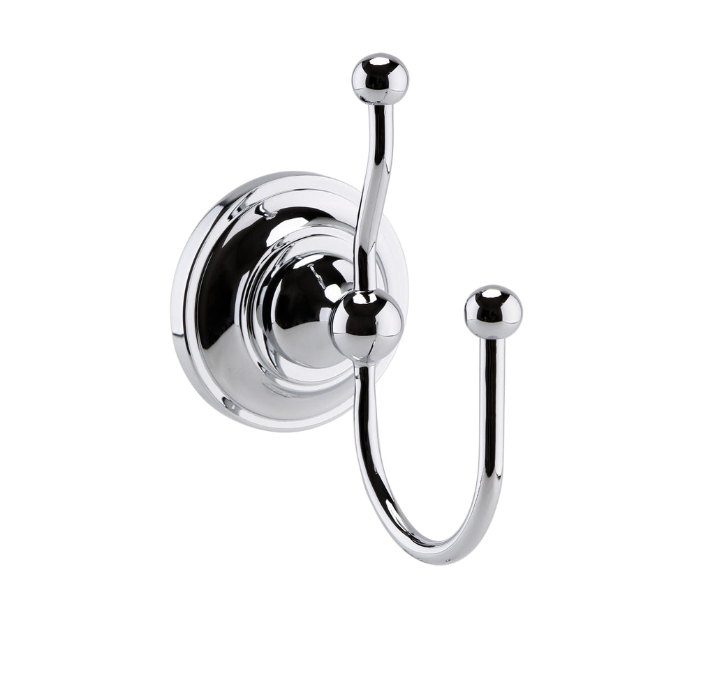 Shiny chrome double coat hook for modern bathroom decor.