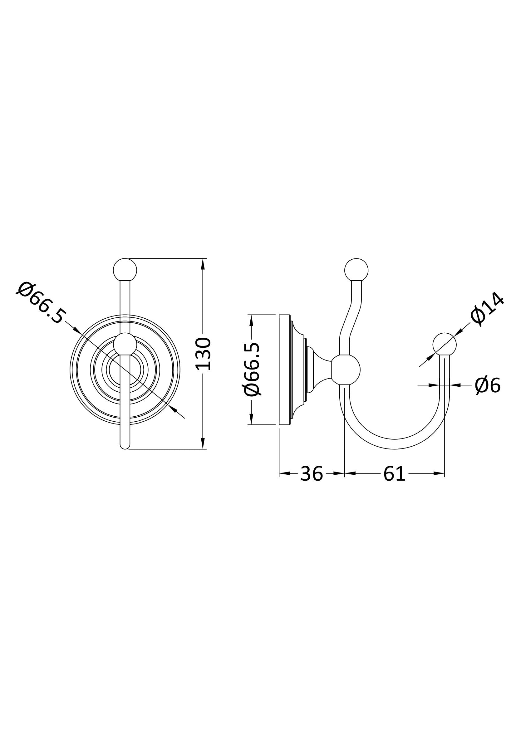 High-quality technical drawing of a Bubly Bathroom wall hook with detailed dimensions and measurements, ideal for bathroom organisation and space-saving solutions.