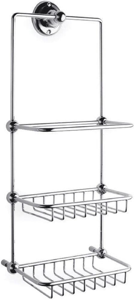 Chrome bathroom wall-mounted shower caddy with multiple shelves for toiletries and accessories. Perfect for organised, modern bathroom storage solutions.
