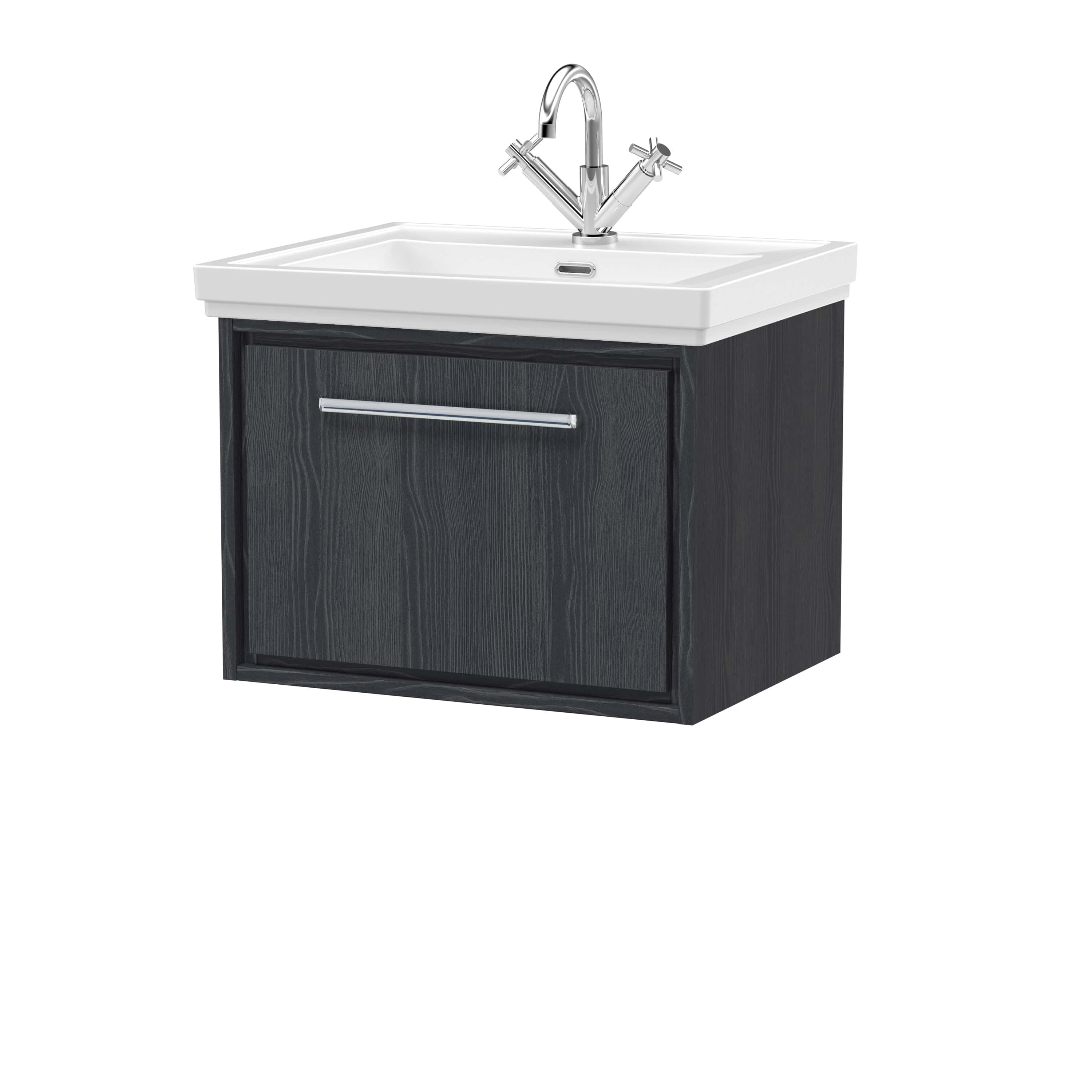 Modern bathroom vanity with integrated sink and chrome tap, ideal for stylish and functional bathroom upgrades. Sleek black wood cabinetry with ergonomic handle for easy access.