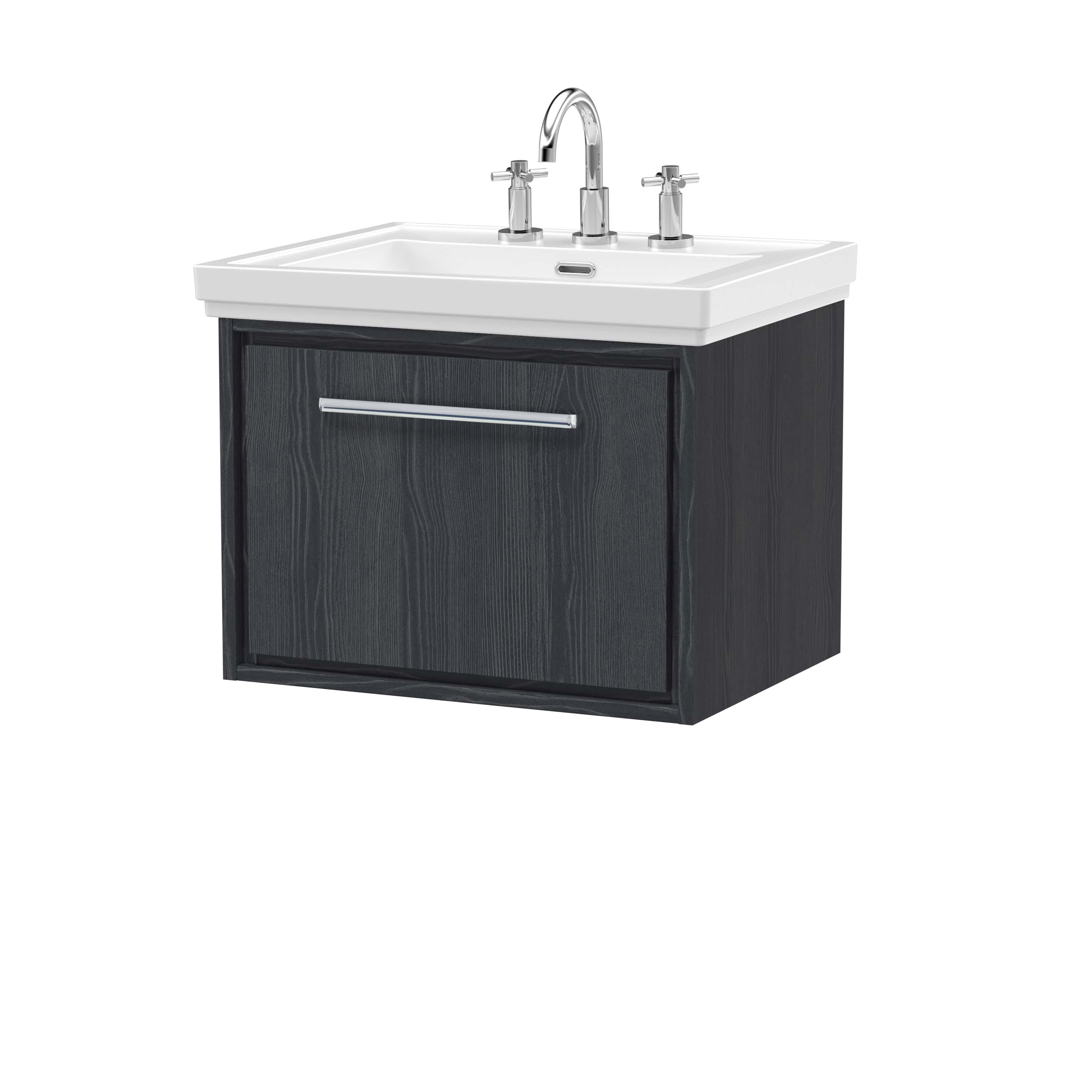 Modern bathroom vanity with integrated sink and chrome fixtures, ideal for contemporary bathroom designs. Durable dark wood cabinet with sleek metal handle for stylish storage.