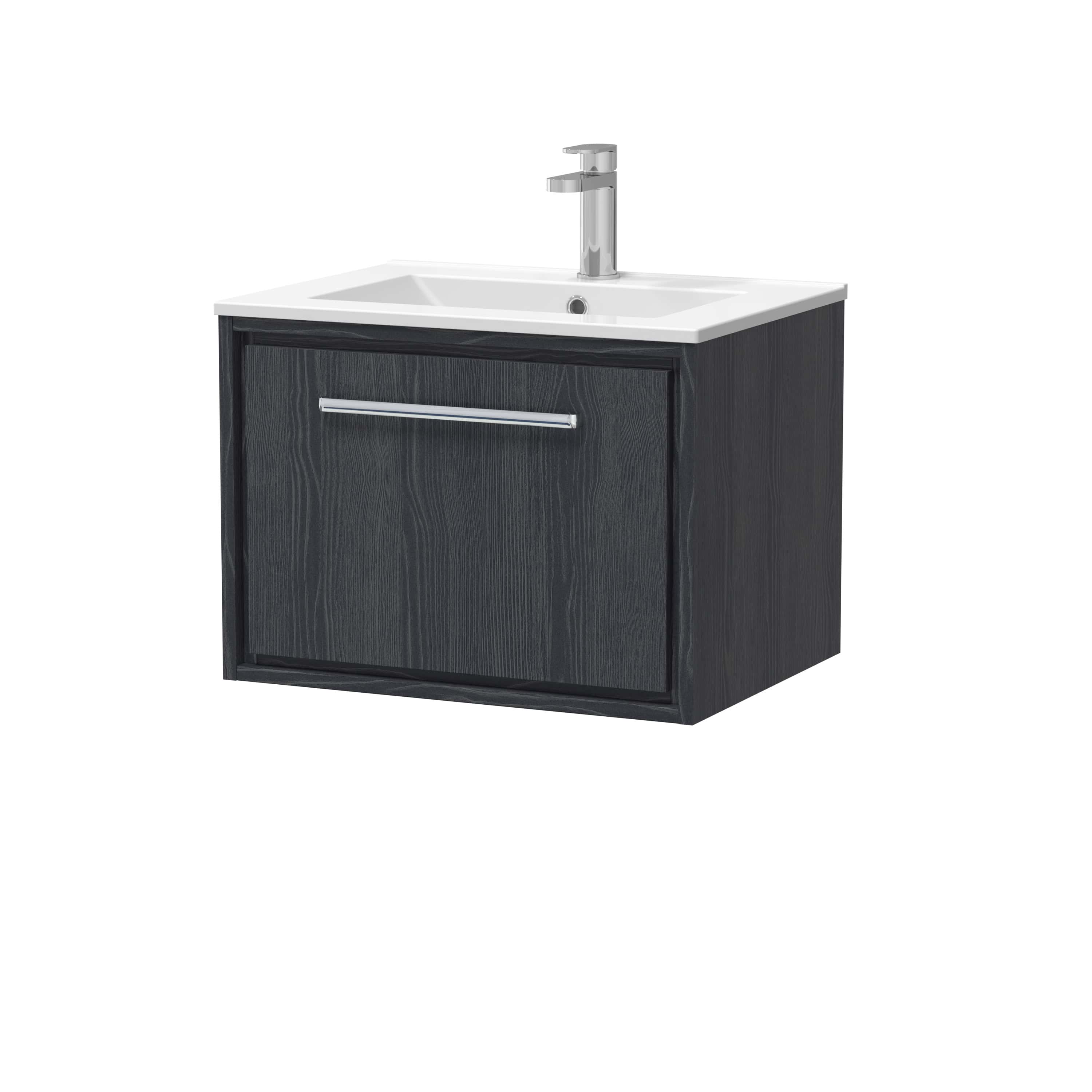 Modern black bathroom vanity with integrated sink and chrome handle, ideal for contemporary bathroom storage and fixtures.