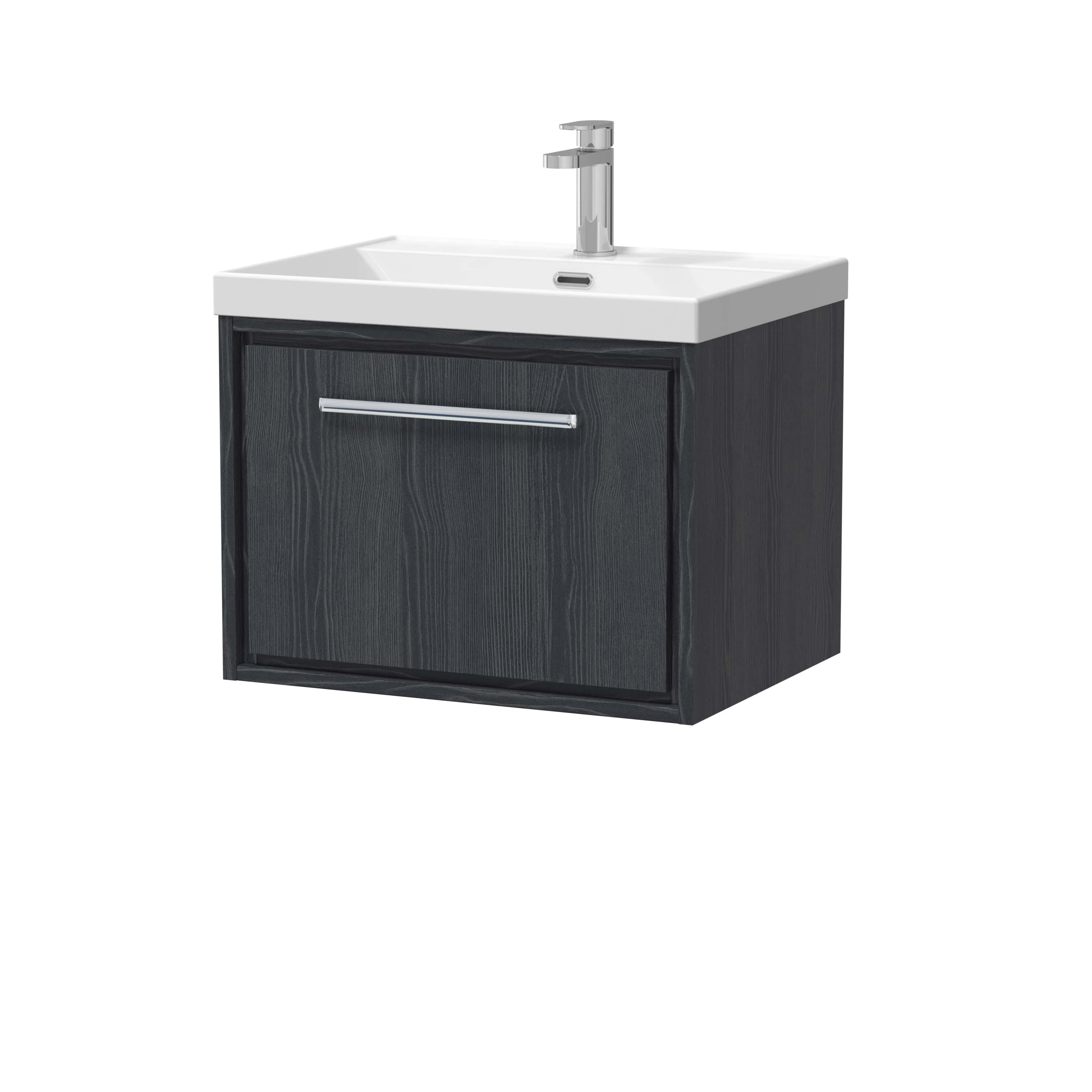 Modern bathroom vanity unit with integrated sink and stylish black wood finish for contemporary bathroom designs. Perfect for adding functional storage and sleek aesthetics.