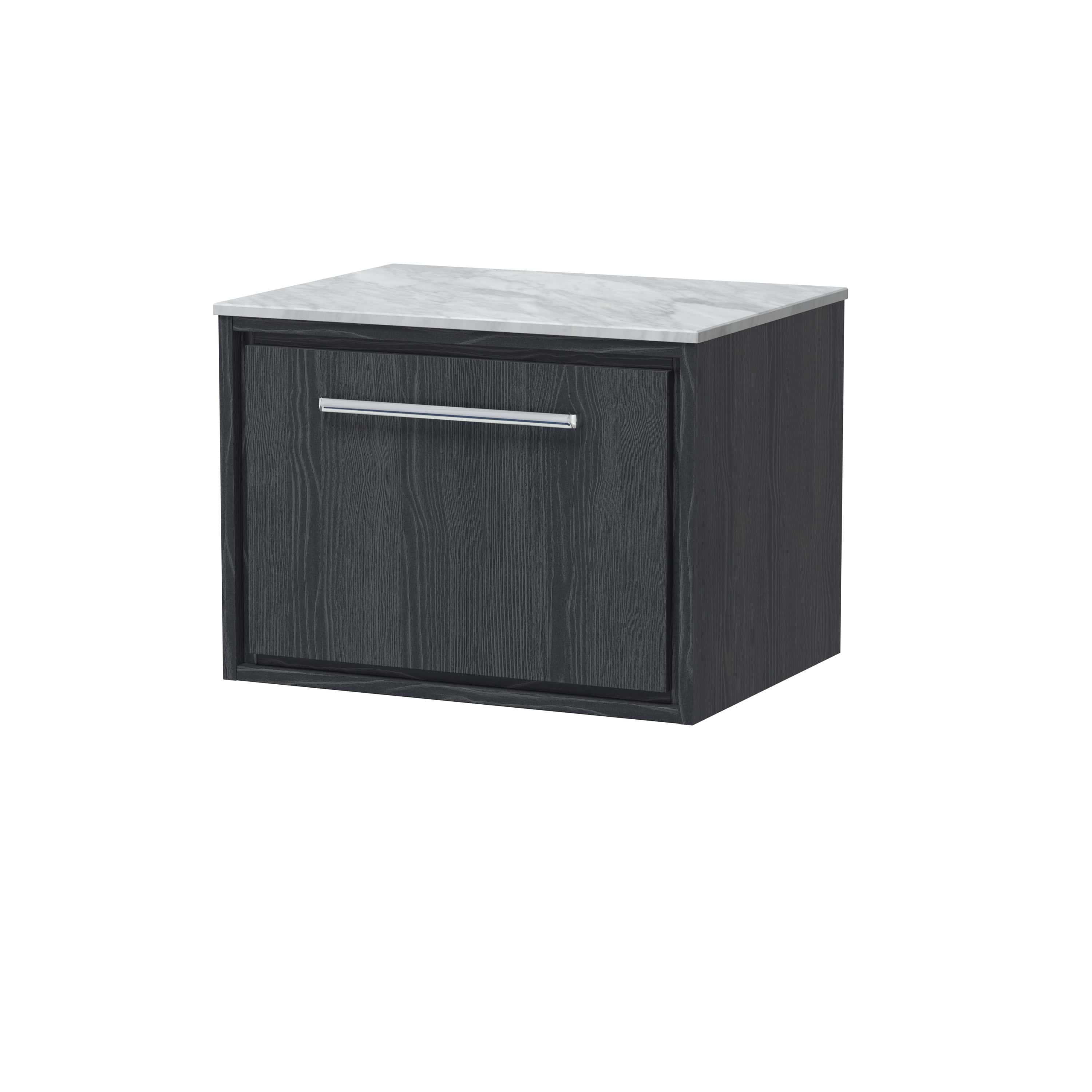 Contemporary black bathroom cabinet with a grey marble top and chrome handle, ideal for modern bathroom storage solutions.