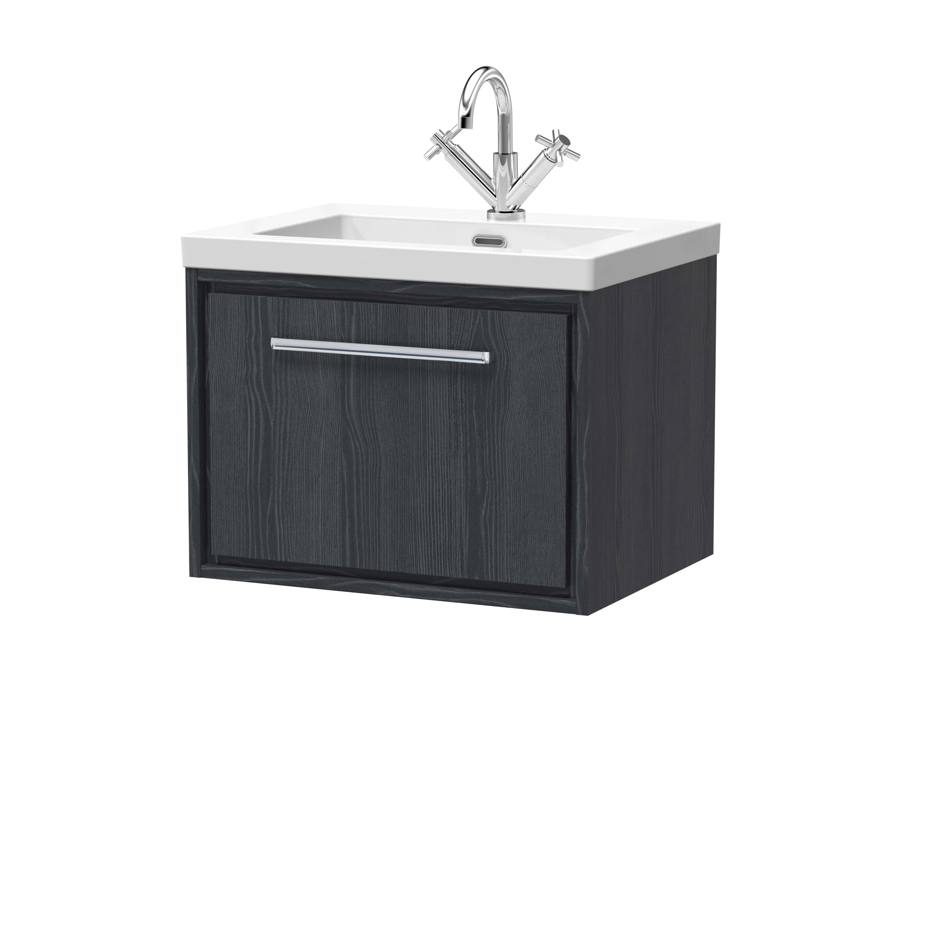 Modern bathroom vanity with a black wooden cabinet, sleek silver handle, and a white ceramic sink featuring a chrome faucet, perfect for contemporary Bubly bathrooms in the UK.