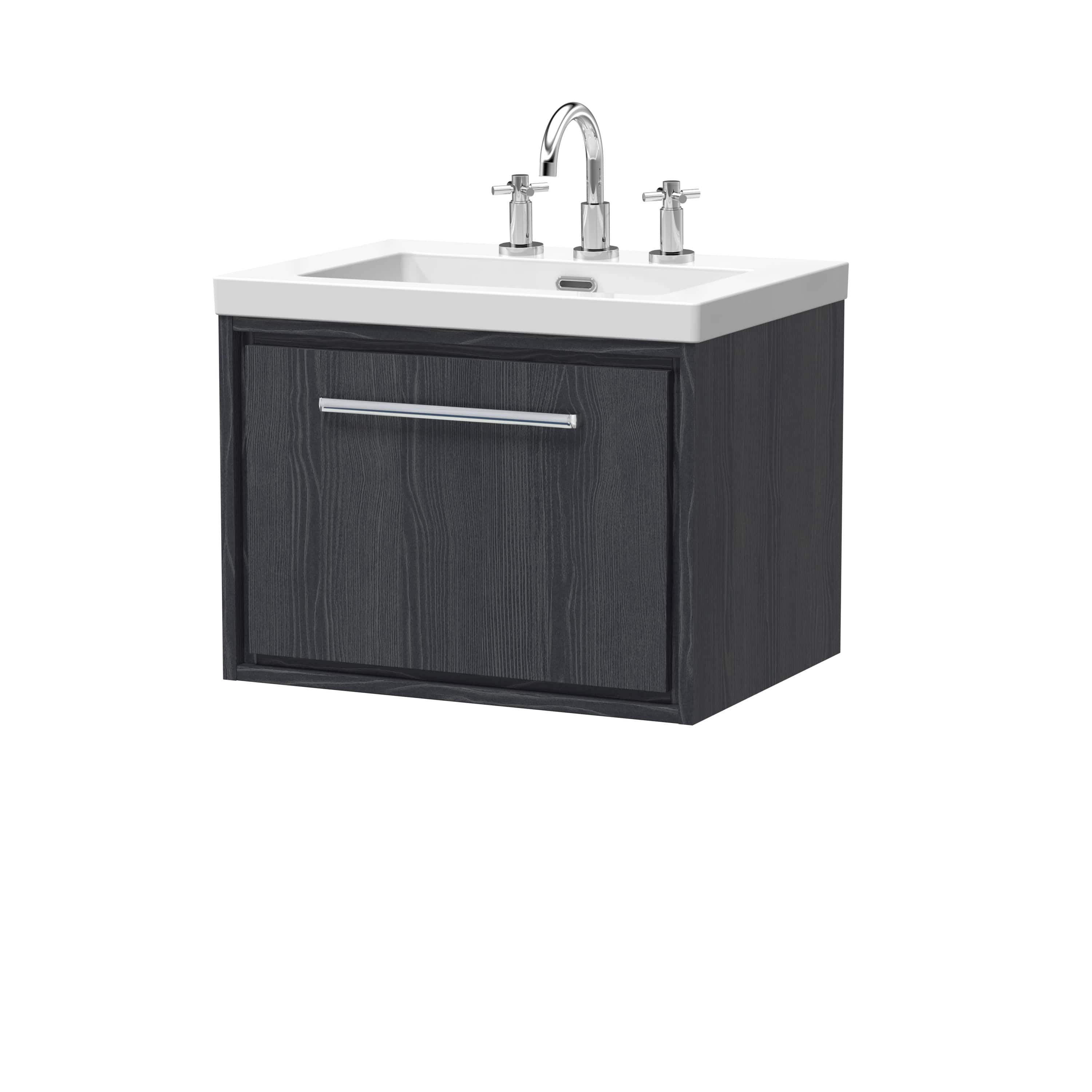 Polished black bathroom vanity with white ceramic sink and chrome faucet, modern bathroom cabinet with storage space, designed for stylish and functional bathroom decor.