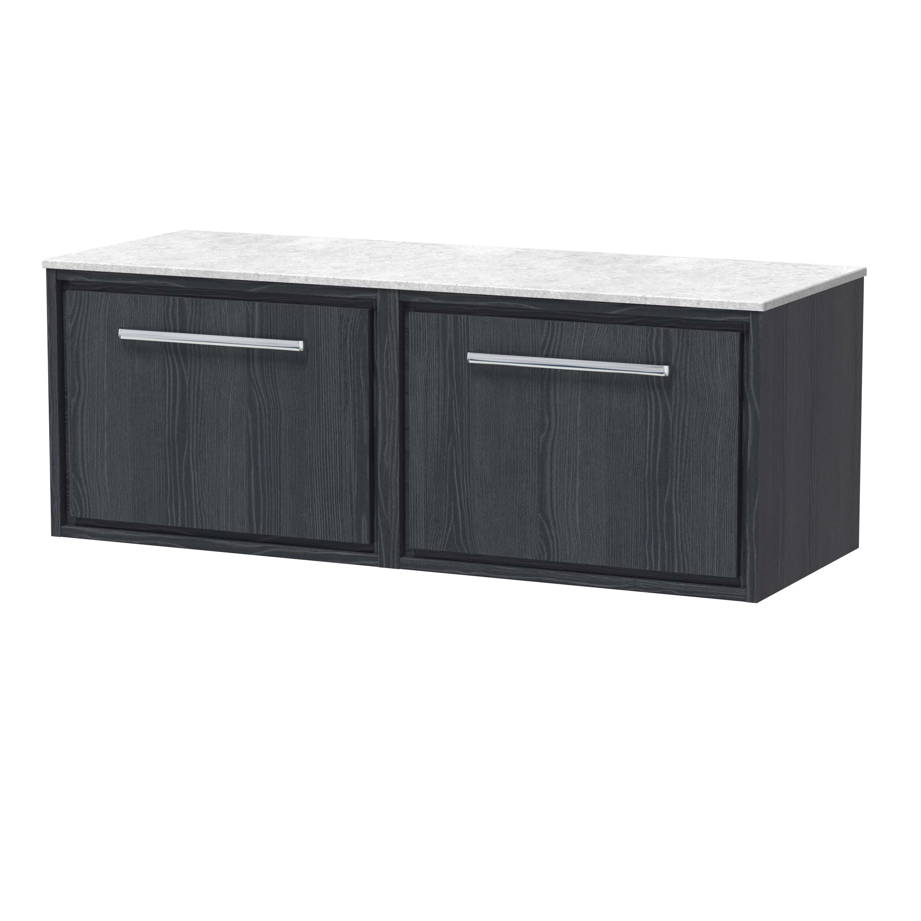 Sleek black bathroom vanity unit with two drawers, silver handles, and a spacious light grey marble top, perfect for modern bathrooms and storage solutions.