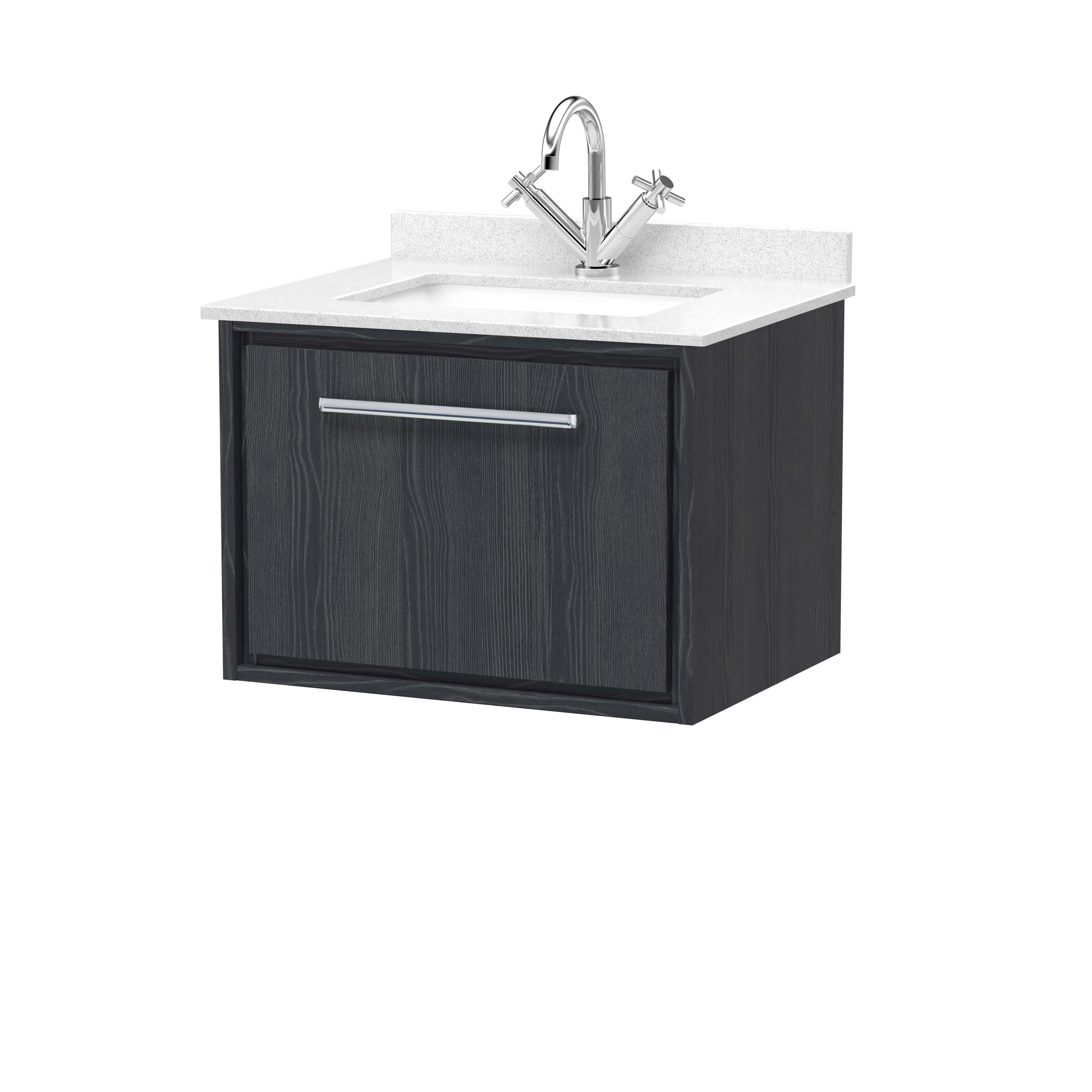 Modern bathroom sink unit with a sleek black wood finish and a white countertop, featuring a chrome faucet and dual handles, ideal for contemporary bathroom or utility room design.