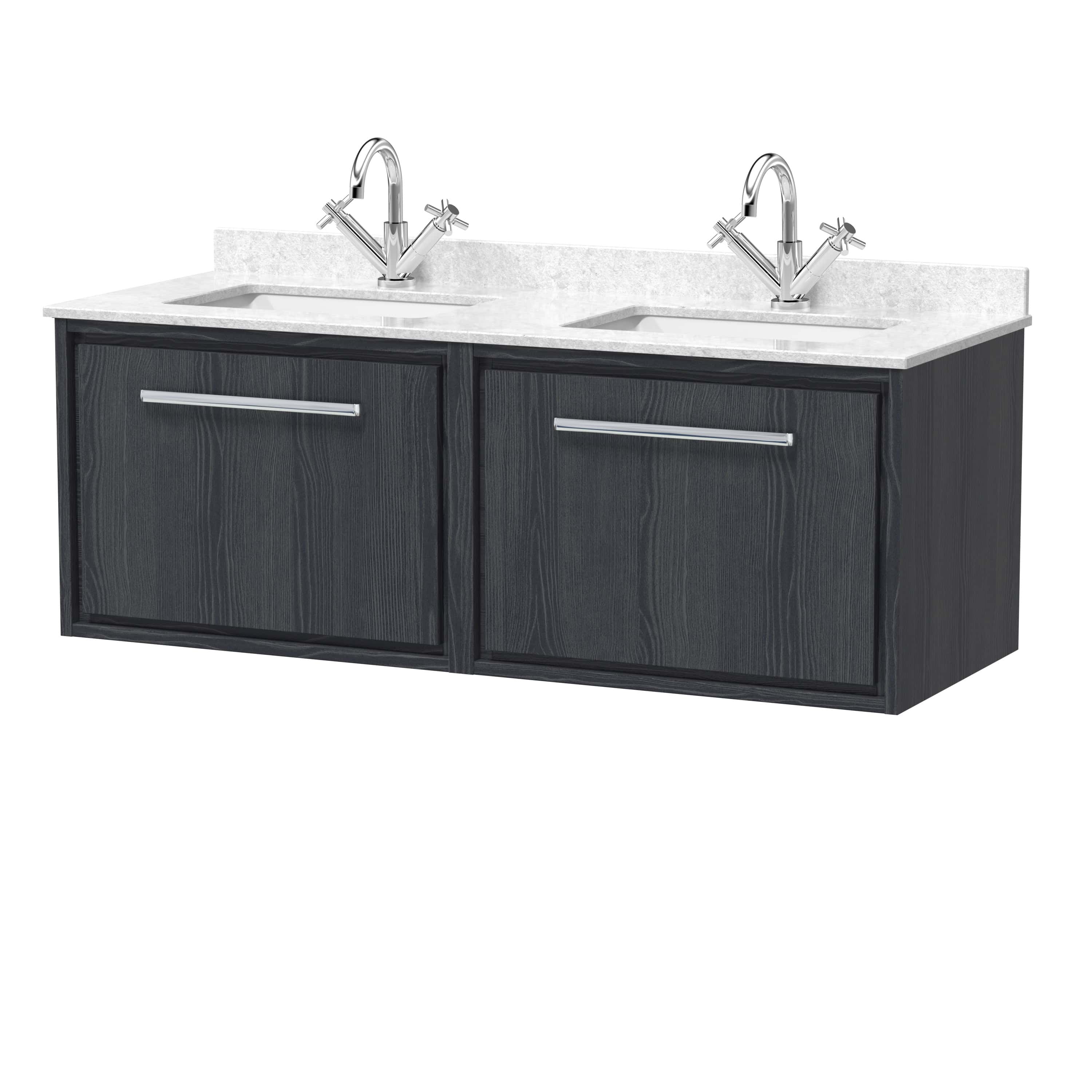 Modern double bathroom vanity unit with dual sinks, chrome faucets, and dark wood finish, ideal for contemporary bathrooms. Features sleek handles and ample storage space.