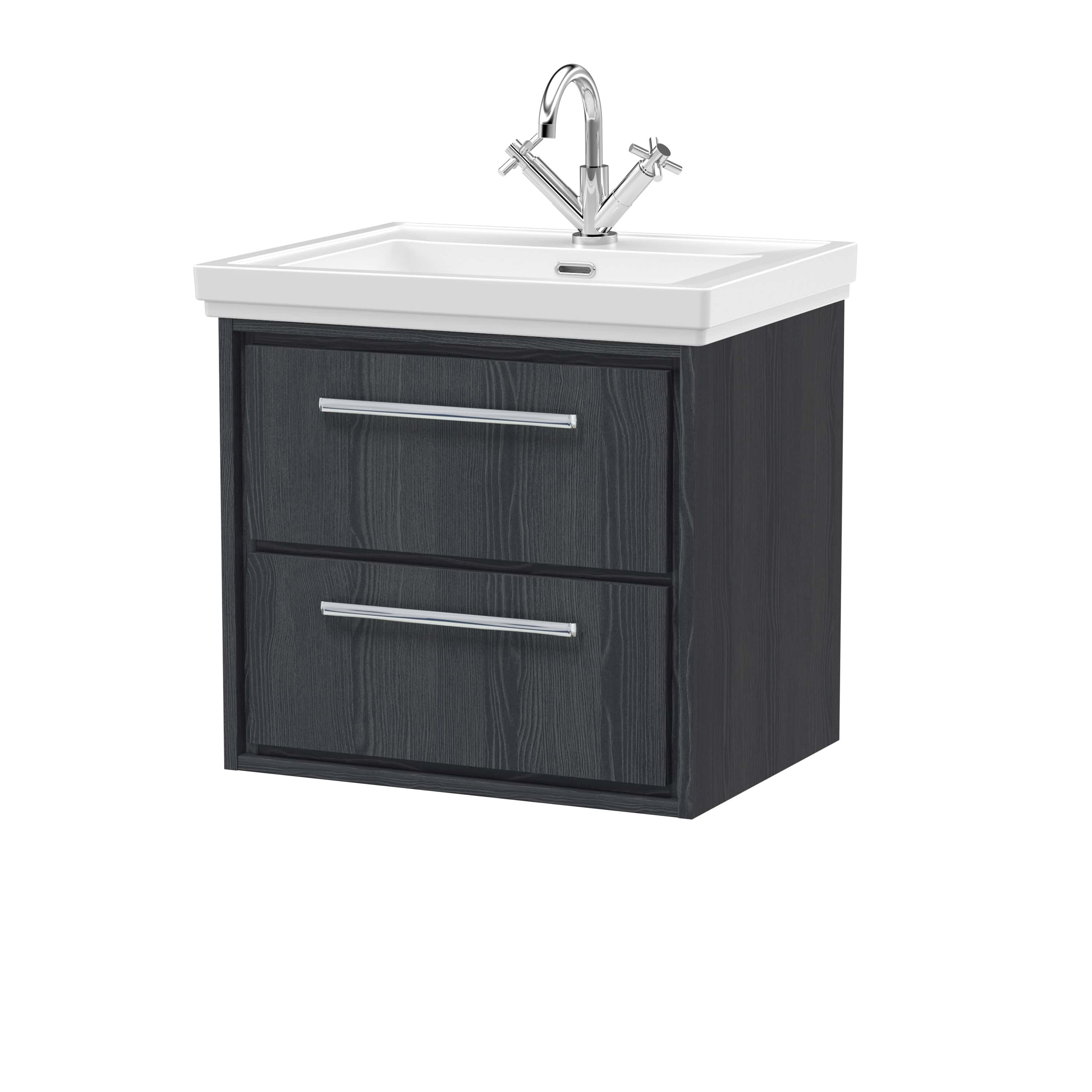 Contemporary bathroom vanity unit with integrated sink and chrome taps, finished in dark wood for stylish bathroom storage and modern design. perfect for bathroom renovation and organisation.