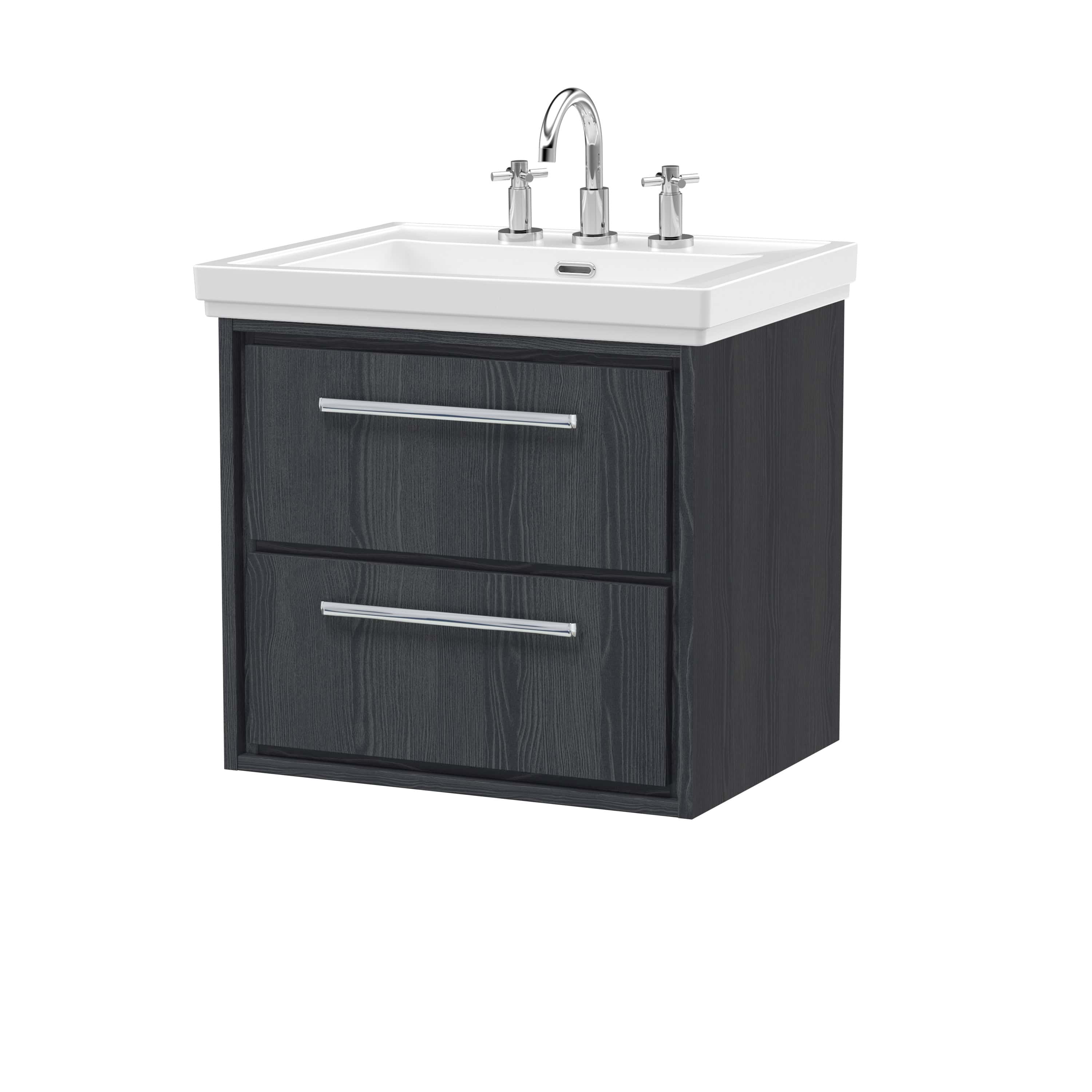 Elegant black wooden bathroom vanity with a white ceramic sink and chrome fixtures, ideal for contemporary bathroom designs. Perfect for storage and style.