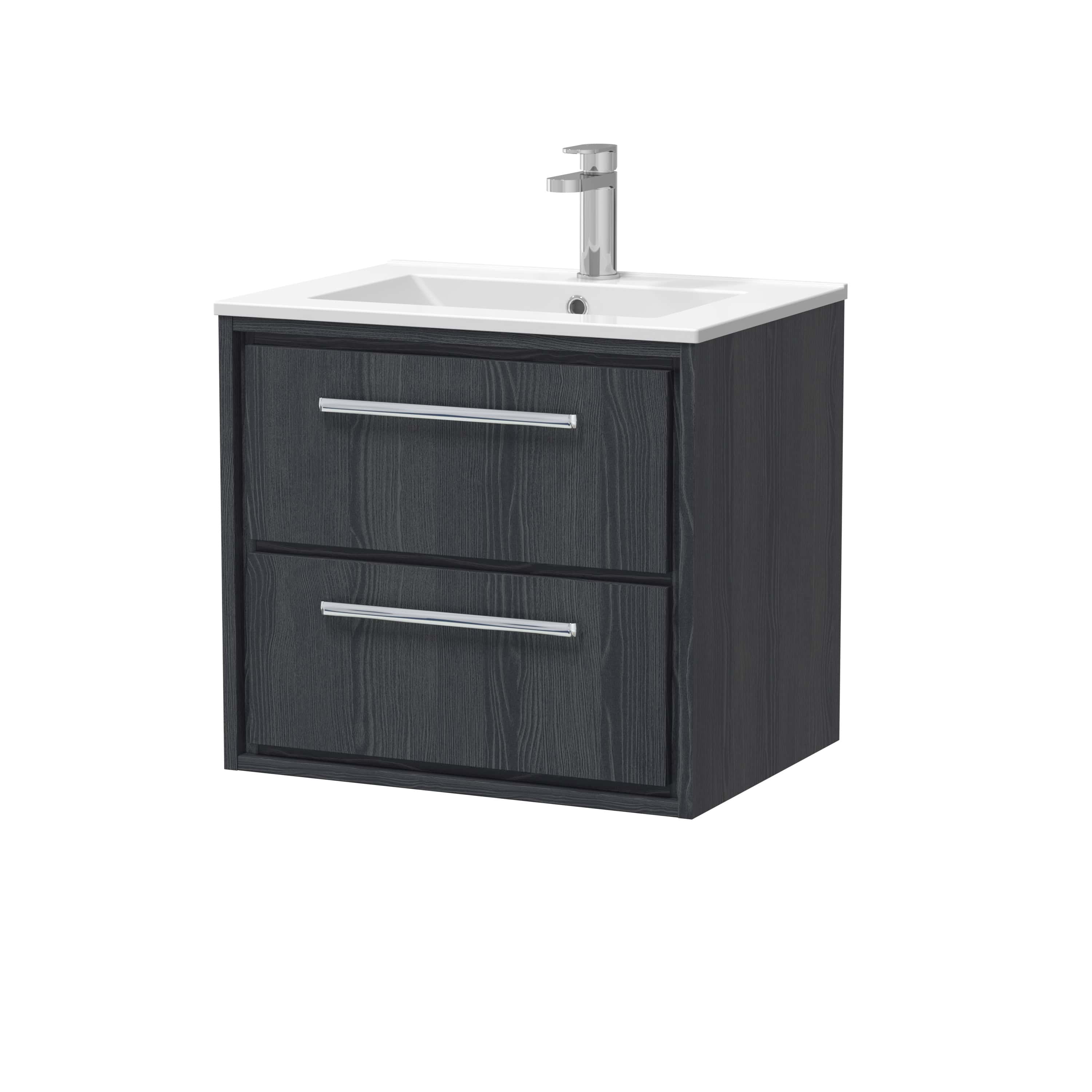 Modern bathroom vanity with black wood finish and integrated sink, featuring sleek chrome handles and a contemporary faucet for stylish bathroom upgrades.
